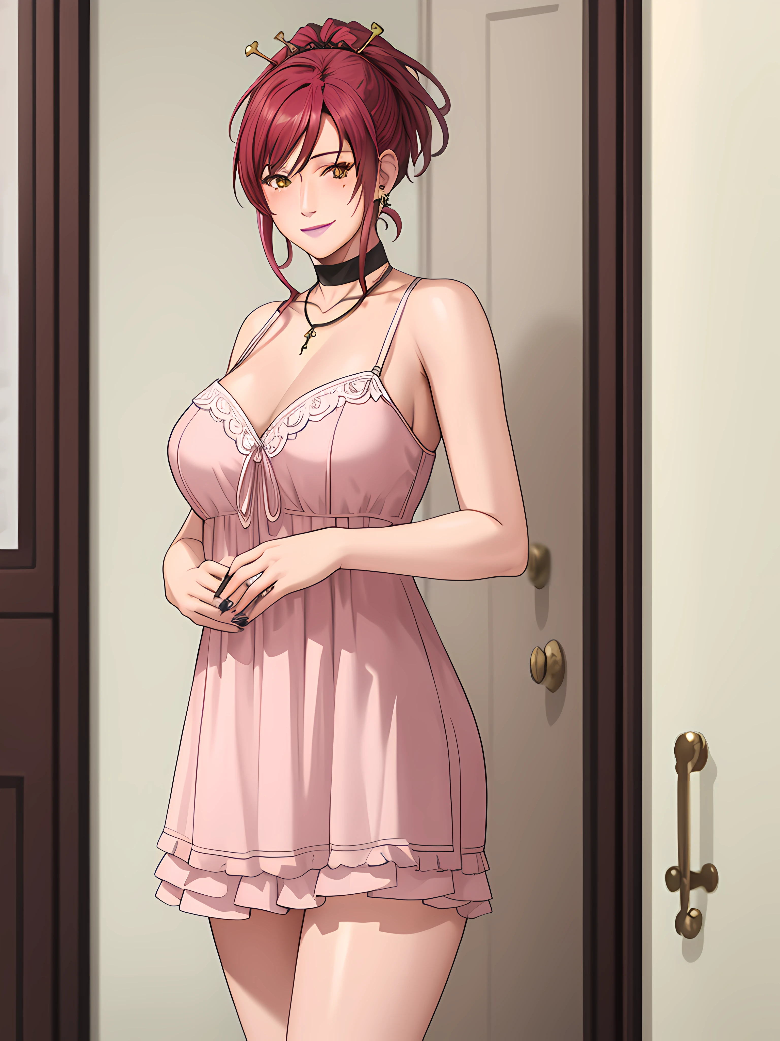 (Masterpiece, Best Quality, High Quality:1.4), professional artwork, for desktop wallpaper, Intricate Details, field of view, sharp focus, detailed painting, photorealistic lighting, trending on pixiv, 1girl, (vivid lighting, vibrant colors:1.05), realistic shadows, ambient occlusion,
Marie Mamiya, mature female, milf, solo, (curvy:1.1), luxury room, (half body shot:1.1), look to viewer,
(red hair:1.05), hair ornament, lipstick, makeup, (mole under eye:0.9), choker, ultra detail hair, ultra detail face, (yellow glowing eyes:1.05), perfect eyes, perfect face, perfect retina, perfect pupils, earrings, (seductive look, blush:1.15), bitch, lewd face, smile,
(negligee:1.4), choker, necklace, fingernails, flawless drawn, no blur
(Large Breasts:1.15), pee