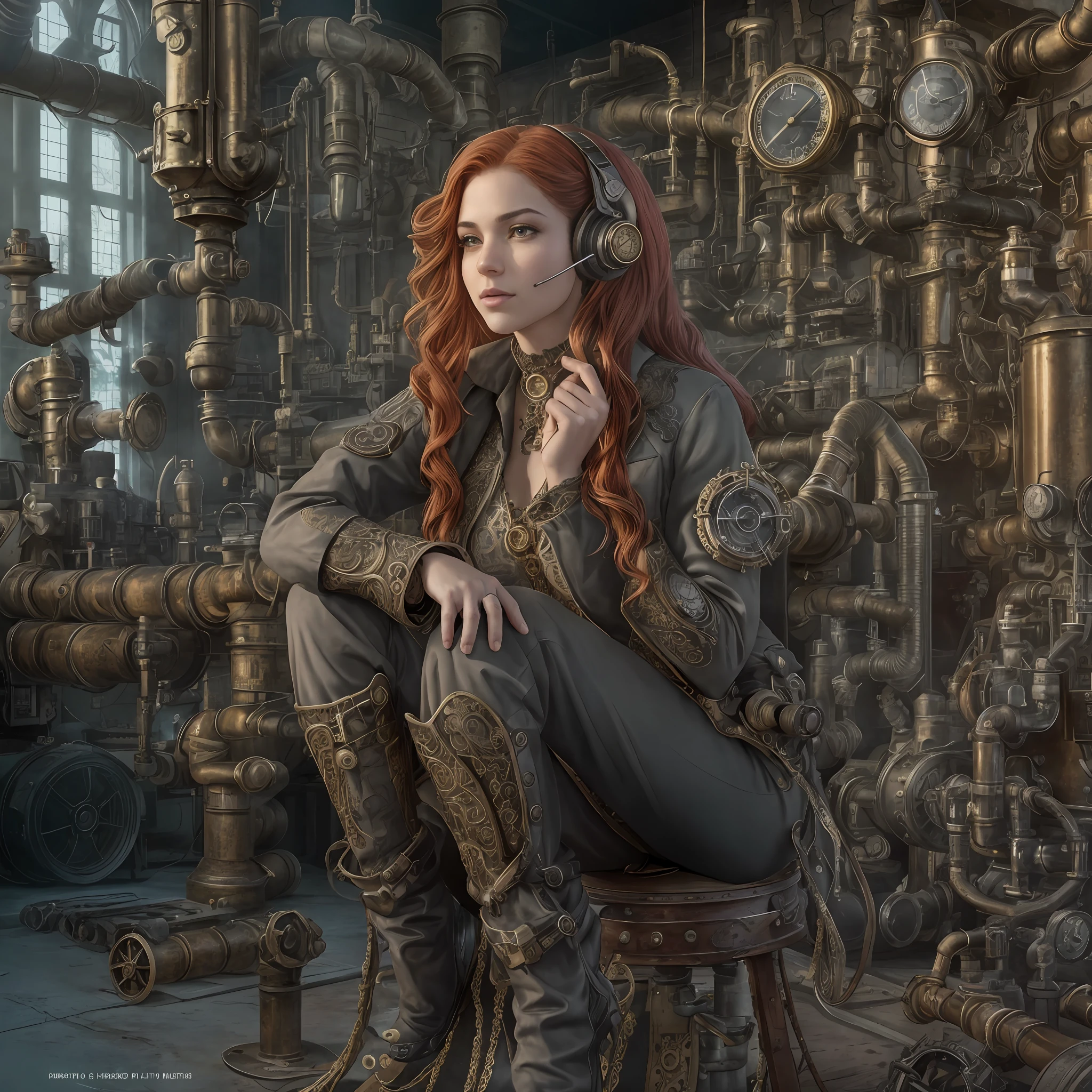 (photo, Photorealistic:1.37), one girls, full - body, sits on a chair, shot from the side, profile, Slow motion, Female Steampunk Engineer, (in a gray jumpsuit with steampunk details:1.2),(Ornate intercom headset:1.3), (An ornate choker), (Insanely detailed steampunk, bloom:1.5), (Detailed pupils:1.1), Detailed face and green eyes, Masterpiece, Best Quality, (highly detailed photo:1.1), (long red hair, pony tail,ecstatic:1.1), (A  girl:1.1), Sharp, (the perfect body:1.1), Realistic, real shadow, 3d, (The interior of the workshop in the style of steampunk, filled with many steam pipes in the background:1.2), сphotoграфировано Canan EOS R6, 135mm, 1/1250s, f/2.8, ISO 400