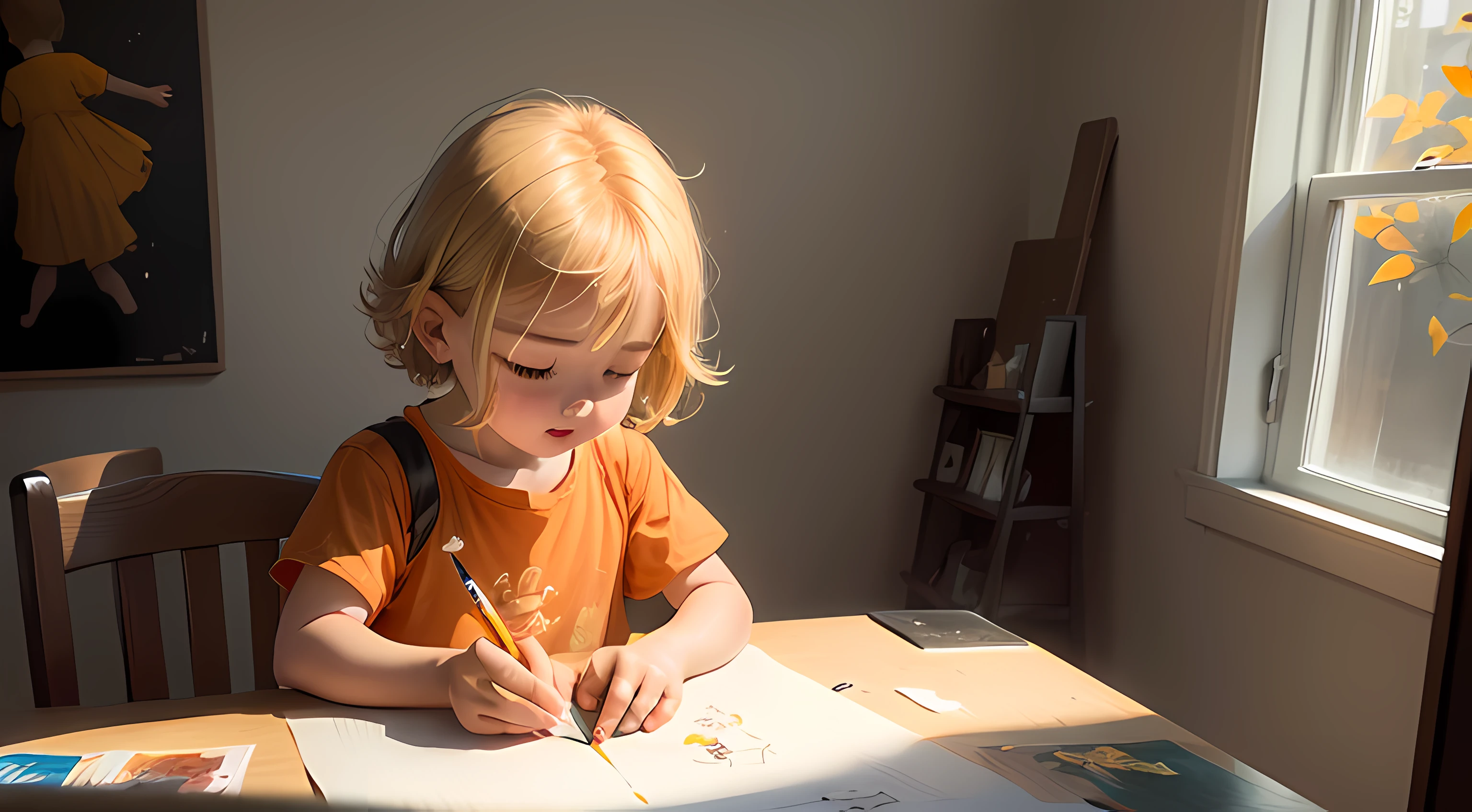 An orange sheet、Gold and gray background image,On the right, there is a blonde five-year-old child happily reaching out and drawing a lot of oil painting-style pictures in the air --auto