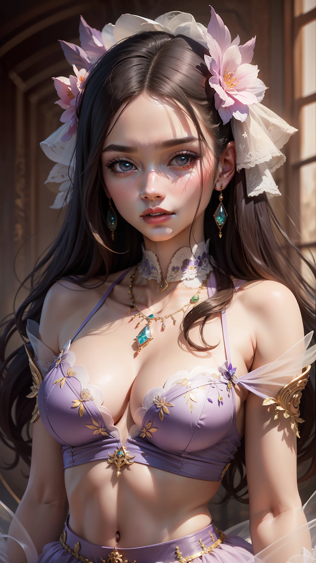 Master masterpiece, perfect work, 8K resolution, charming big eyes, danfeng eyes, red lips, melon seed face, blush, long eyelashes, gemstone earrings, crystal necklace, delicate collarbone, tender white skin, ultimate facial details portrayal, exquisite facial features, perfect face, fairy, (wearing a high-necked translucent purple tulle fairy skirt (with exquisite embroidery), ultra-fine details, cinematic lighting realism, ultra-high definition.