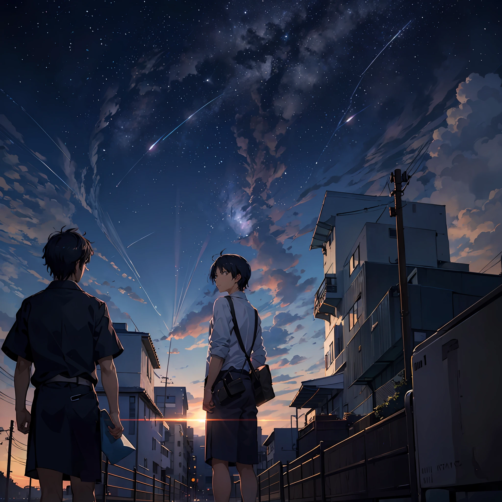 movie『Your name is。』A scene where the past and present of the main characters intersect in、Please draw in a way that conveys sadness and emotion。 --auto