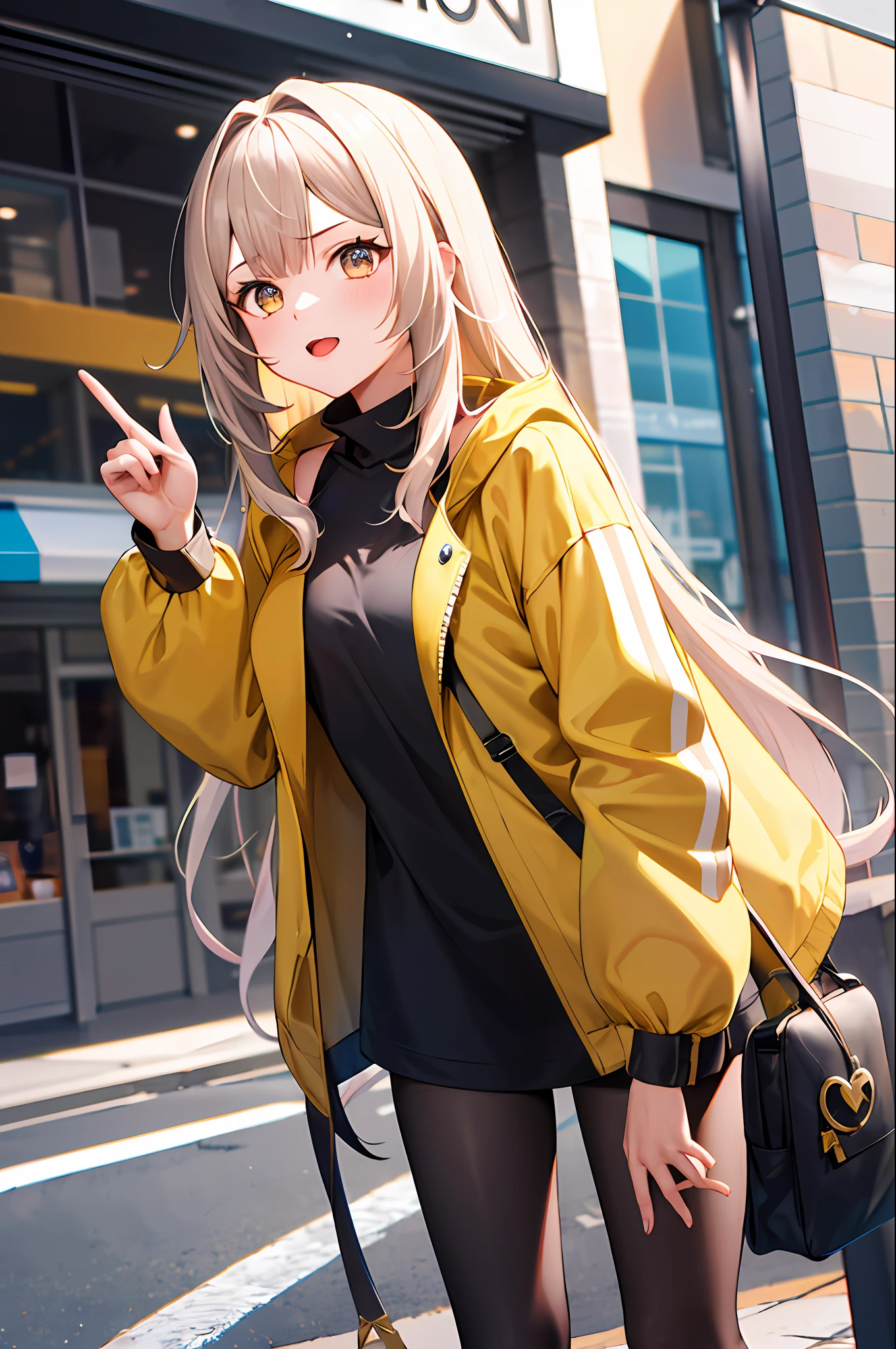 tmasterpiece,best qualtiy,A high resolution,iono1,1girl,long whitr hair,Yellow jacket,street corner,cowboy lens,leaning-forward,Point to the audience,