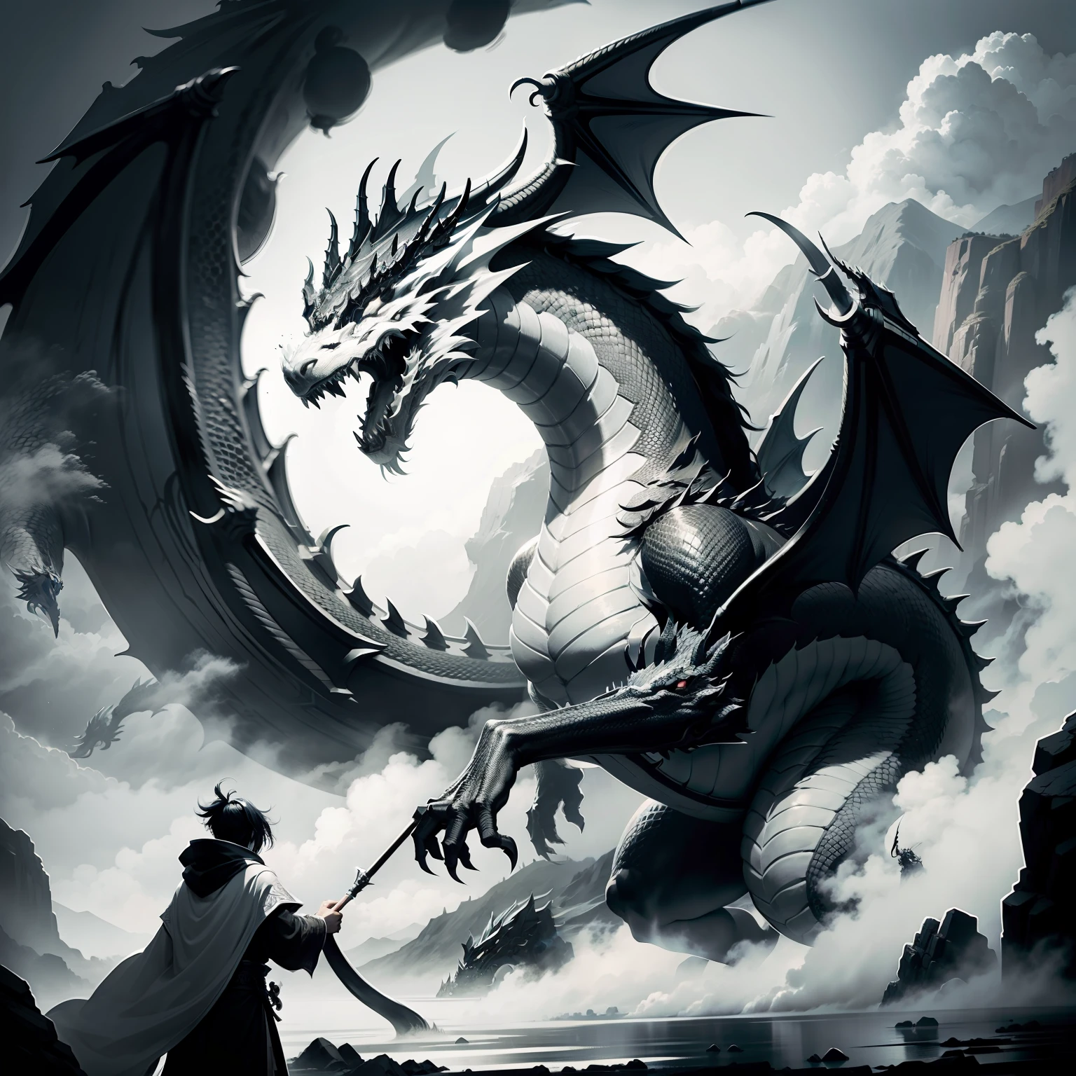 Tengyun drives the fog dragon,black and white sketch