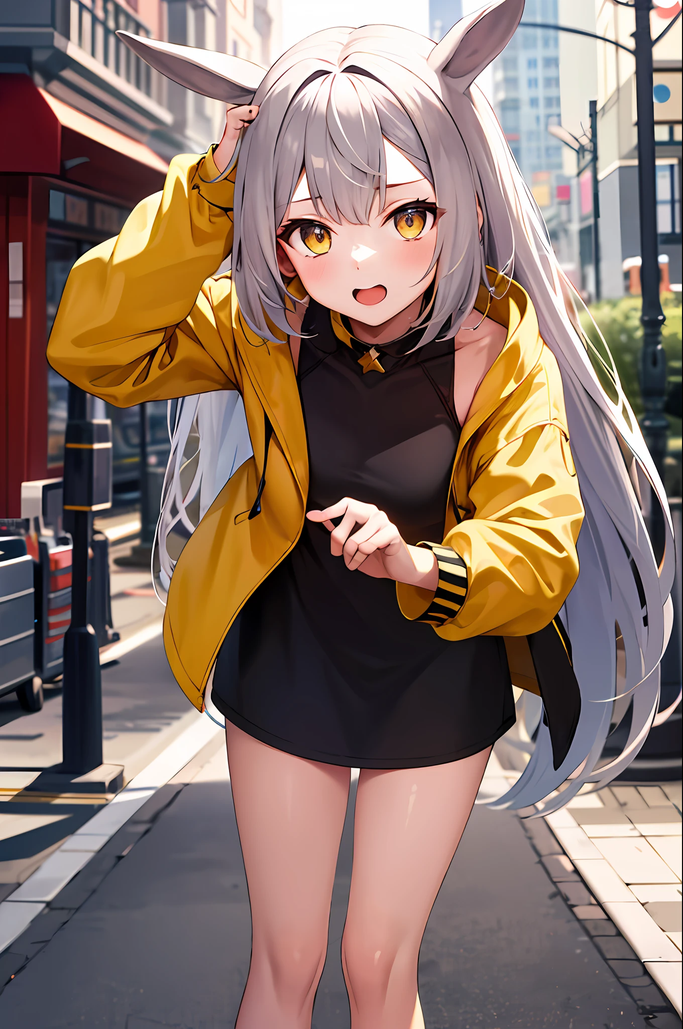 tmasterpiece,best qualtiy,A high resolution,iono1,1girl,long whitr hair,Yellow jacket,street corner,cowboy lens,leaning-forward,Point to the audience,