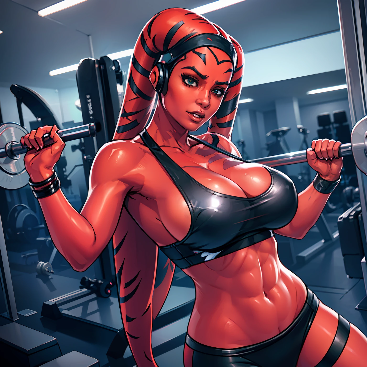 1girl, busty, cleavage, underboob, sideboob, masterpiece, best quality, high-definition, ((red skin), twi'lek), stretching, working out, lifting weights, evil space knight, space ninja, (wearing black halter top, leggings, ((busty)), slender body, thin, slim sexy body, slim waist, (((huge breasts)))), futuristic gym,, Star Wars,