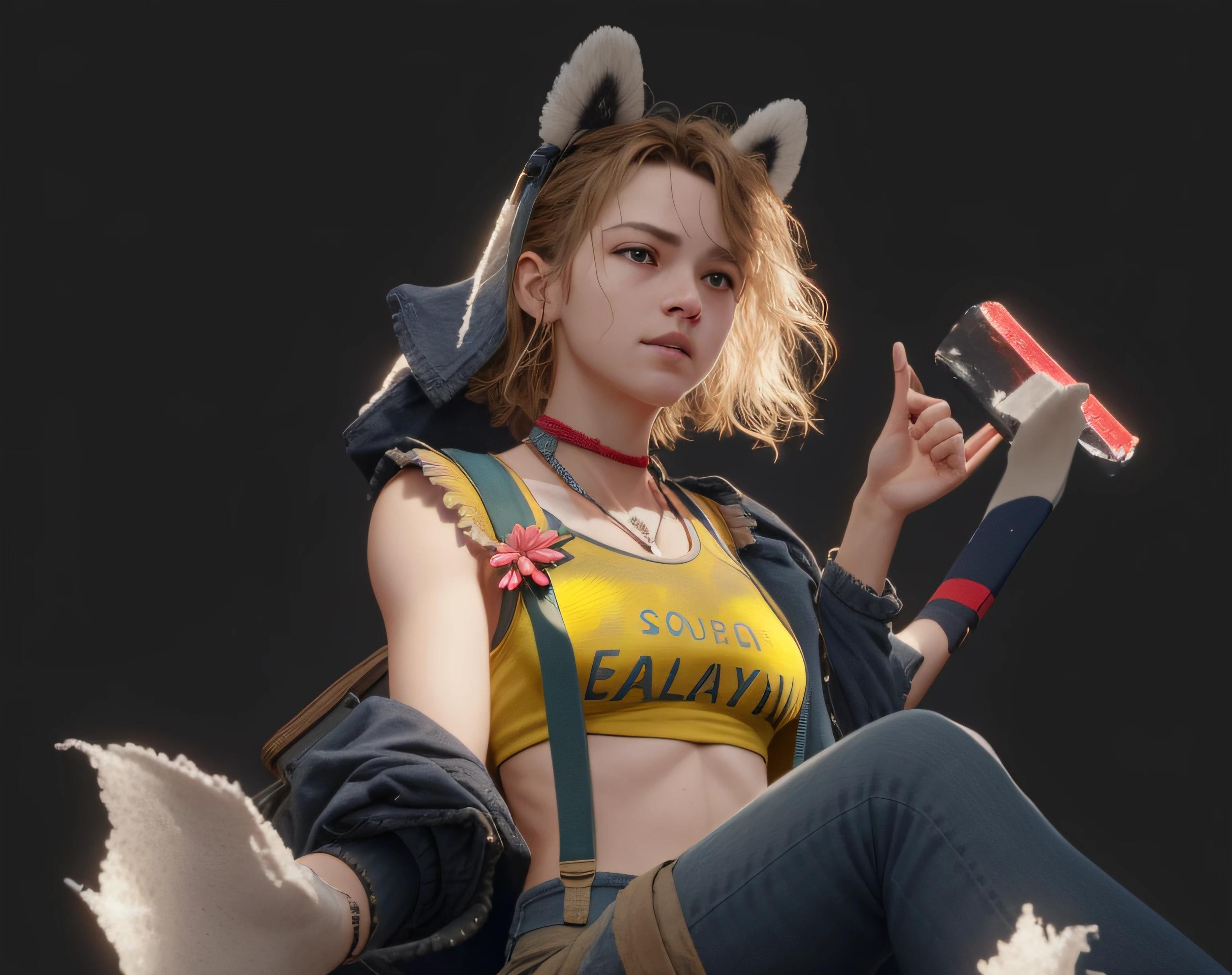 from_below, full body, full body, a woman wearing bright yellow short sleeves, sleeveless short sleeves, with bright words or patterns on the chest, very youthful and lively, bloom, ((cold light)), sharp focus, photo realistic, detailed skin, background out of focus, cinematic composition , ultra-detailed, realistic , hyper-realistic , volumetric lighting, 8k, trending on artstation