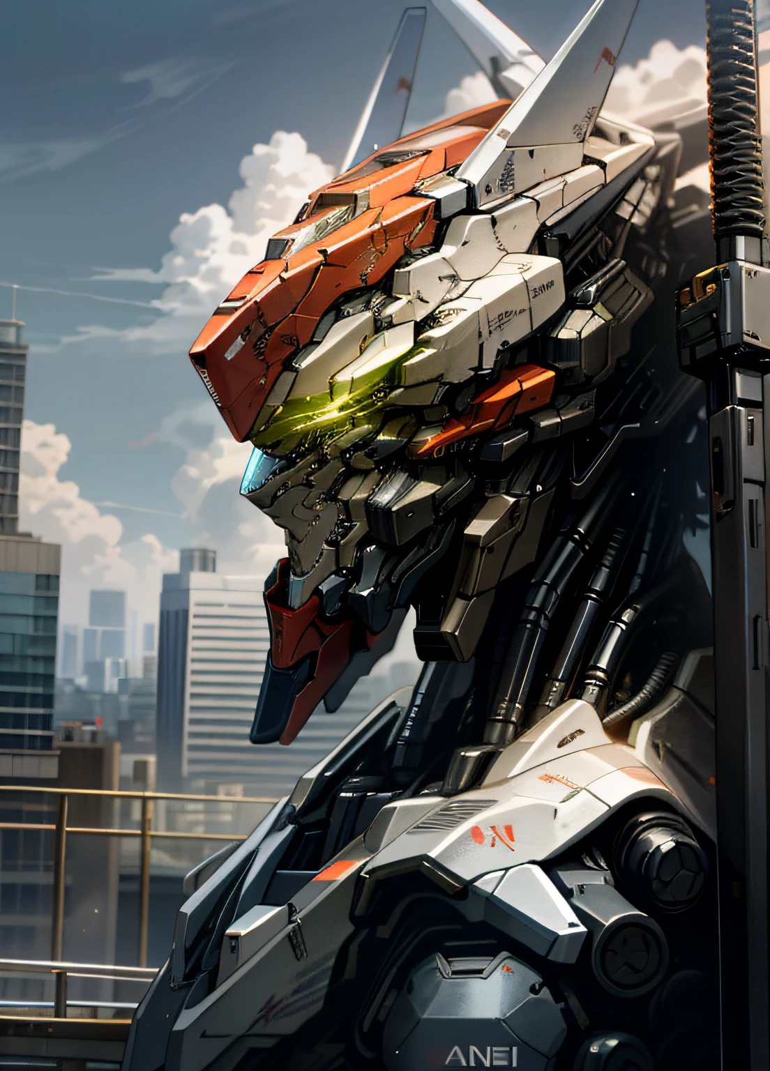 sky, cloud, holding_weapon, no_humans, glowing, , robot, building, glowing_eyes, mecha, science_fiction, city, realistic,mecha