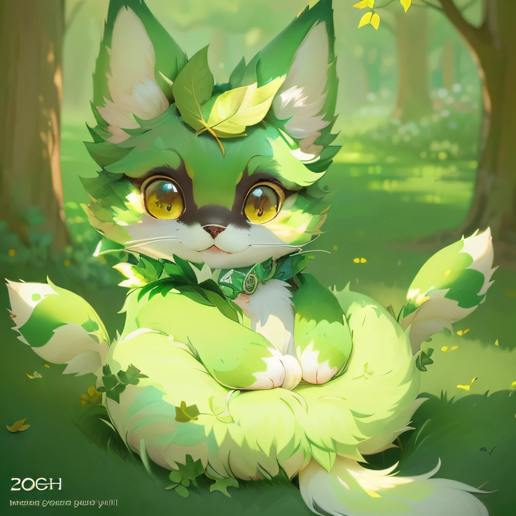 There is a cartoon cat sitting on the grass,There is a leaf on the head, lovely digital painting, digital green fox, Cute detailed digital art, very very beautiful furry art, Loish et WLOP, anime visual of a cute cat, realistic anime cat, fursona art, cute forest creature, author:Shitao, anime cat, adorable digital art