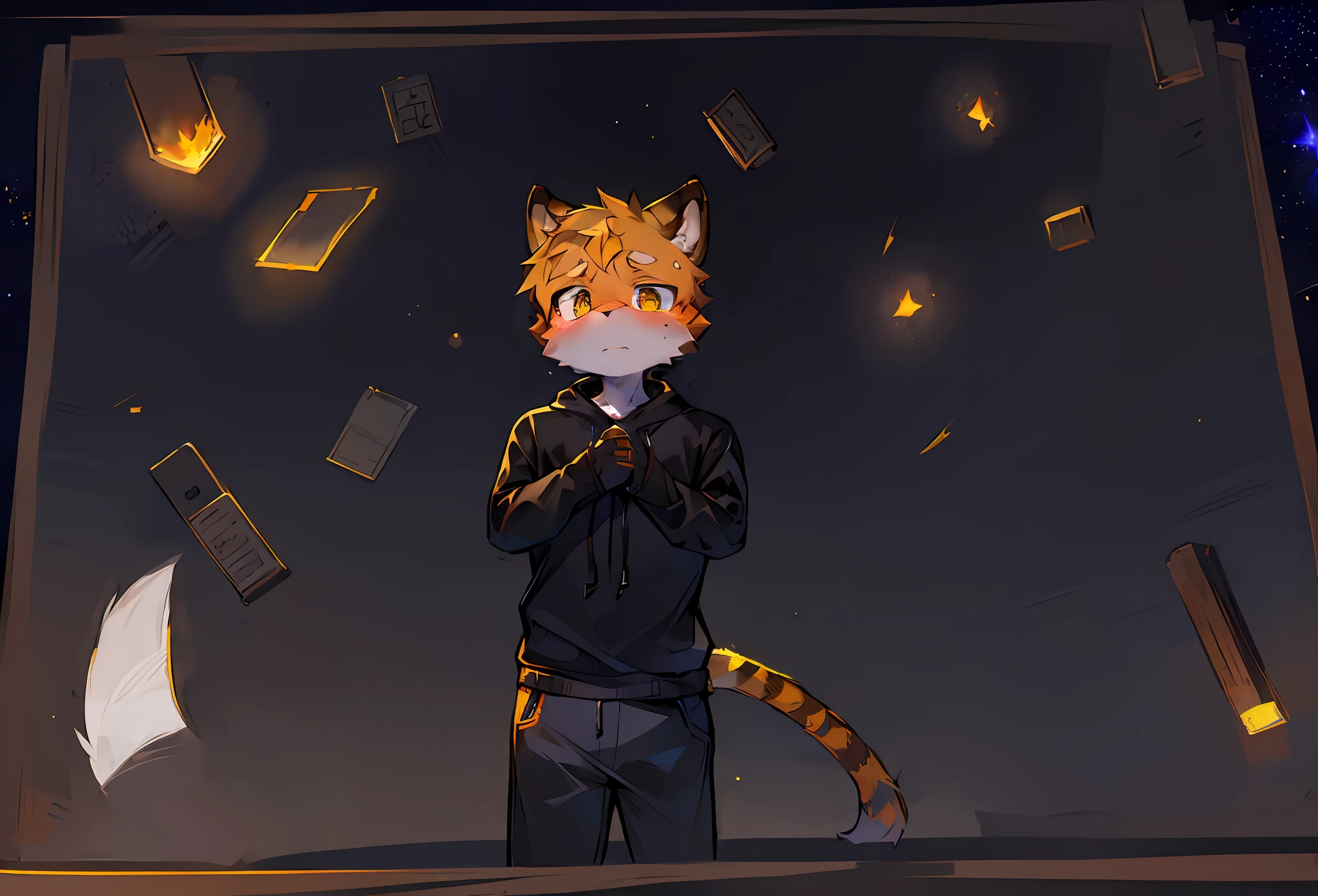 Male_Focus, Furry, 1boy, Solo, Furry_Male, Starry_Background, embers,Detailed_Background,Amazing_Background,Yellow fur, Fox Boy, Black hoodie, Tiger tail, One tail,, Detailed face,Detailed eyes,Head tilt, Turning Head,Homework,Sad,Depressed,tidy hair,