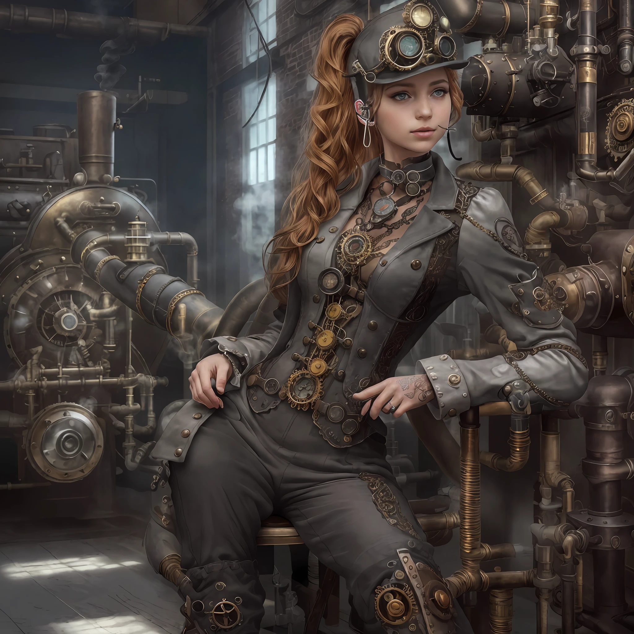 (photo, photorealistic:1.37), one girl, full body, sitting on a chair, shot from side, profile, slow motion, female steampunk engineer, (wearing a gray jumpsuit with steampunk details:1.2),(ornately decorated intercom headset:1.3), (ornately decorated choker), (insanely detailed steampunk, bloom:1.5), (detailed pupils:1.1), detailed face and green eyes, Masterpiece, best quality, (highly detailed photo:1.1), (long ginger Hair, ponytail,ecstatic:1.1), (young woman:1.1), sharp, (perfect body:1.1), realistic, real shadow, 3d, (steampunk workshop interior filled with lots of steam pipes background:1.2), photographed by Canan EOS R6, 135mm, 1/1250s, f/2.8, ISO 400