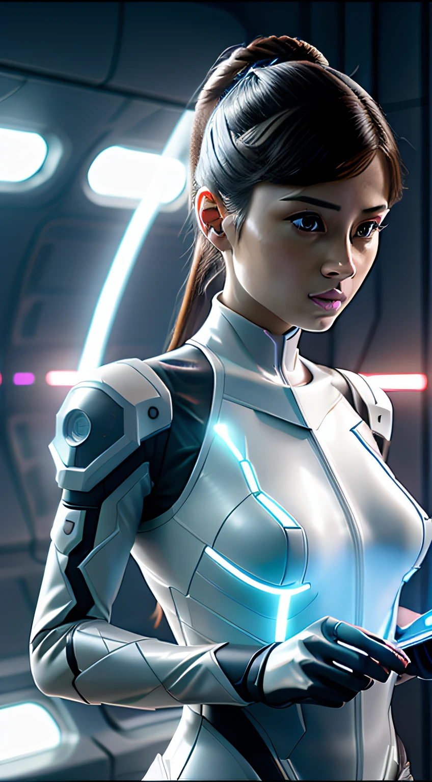 A girl with modern future technologies are type something on screen and scanner