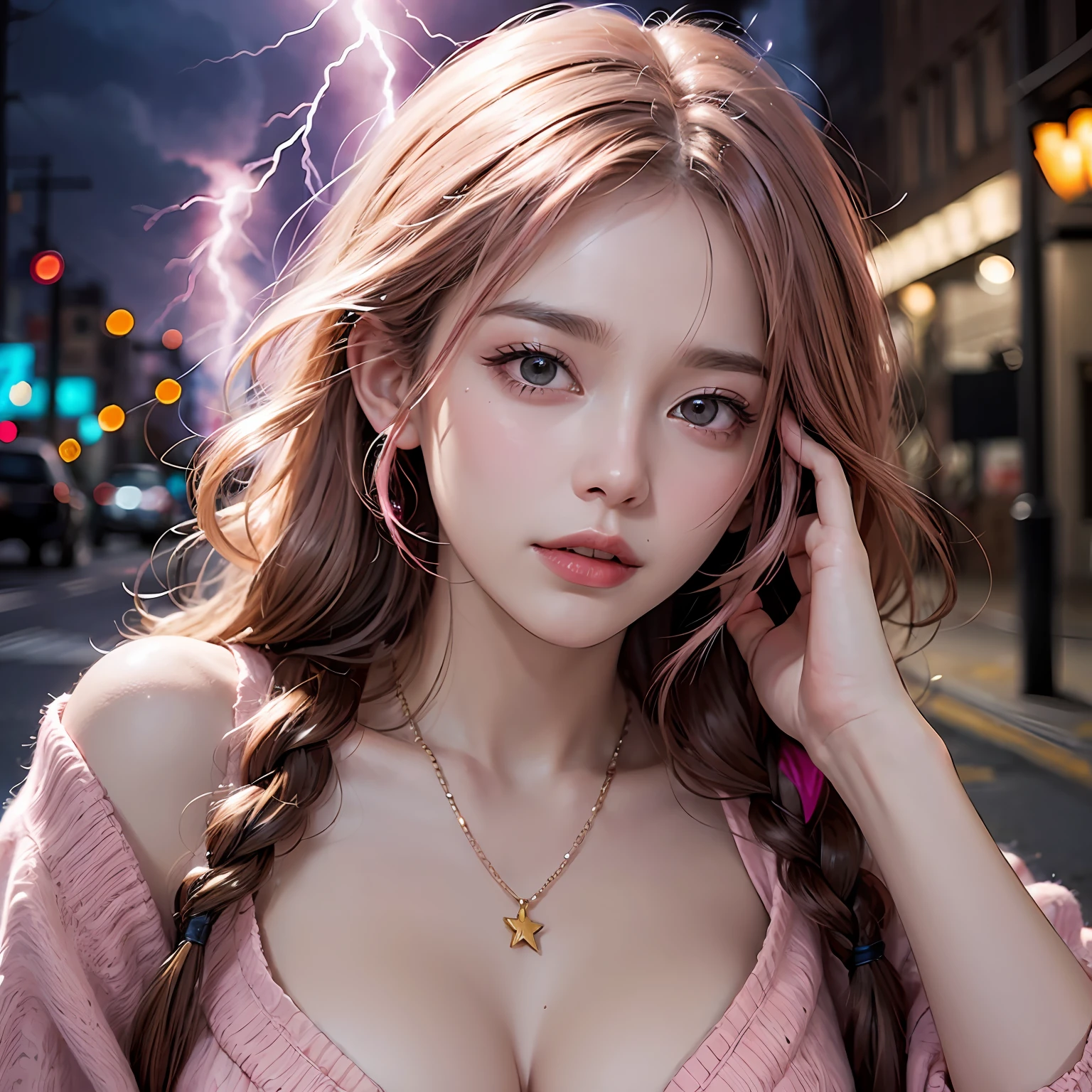 Drunk girl，（best qualtiy，8K，tmasterpiece:1.3），Goose egg face，largeeyes，long eyelasher，With bangs，Cool handsome，Domineering，Exquisite（live-action realistic style），Star-like eyes，Ultimate face，Photorealistic light and shadow，Clear facial features，Milky white skin，Fair skin， highdetailskin， Realistic skin details， Visible Pore，（Super detail），Petite body，（perfect bodies：1.1），Carmelto， full bodyesbian，Two braids，Sheer cardigan dress，the night，the street，the street lights，Wine bottles，（（dynamicposes），Lie on the ground，Confused），（（Dark night，Rained）），((Dynamic background((pink lightning，storming)) ，Dramatic scenes