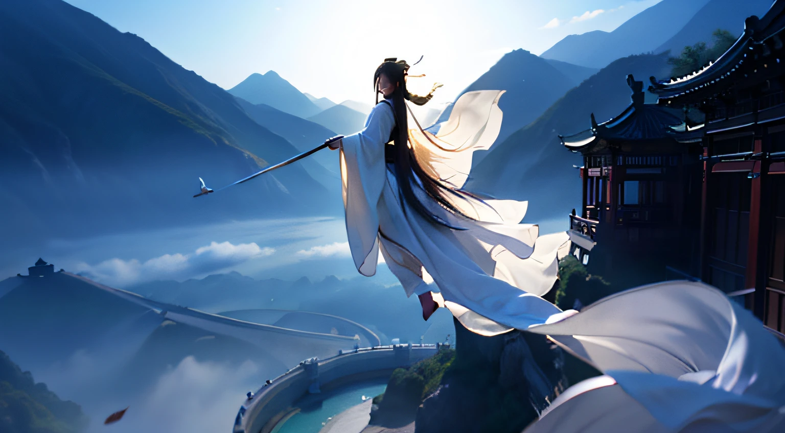 The image of Arafad flying in the air in an ancient Chinese city in a white robe, Flowing white robe, by Bayard Wu, chengwei pan on artstation, Feng Zhu concept art, ross tran and wlop, author:Han Gan, cgsociety and fenghua zhong, ross tran and bayard wu, Inspired by Fenghua Zhong,photo from the back