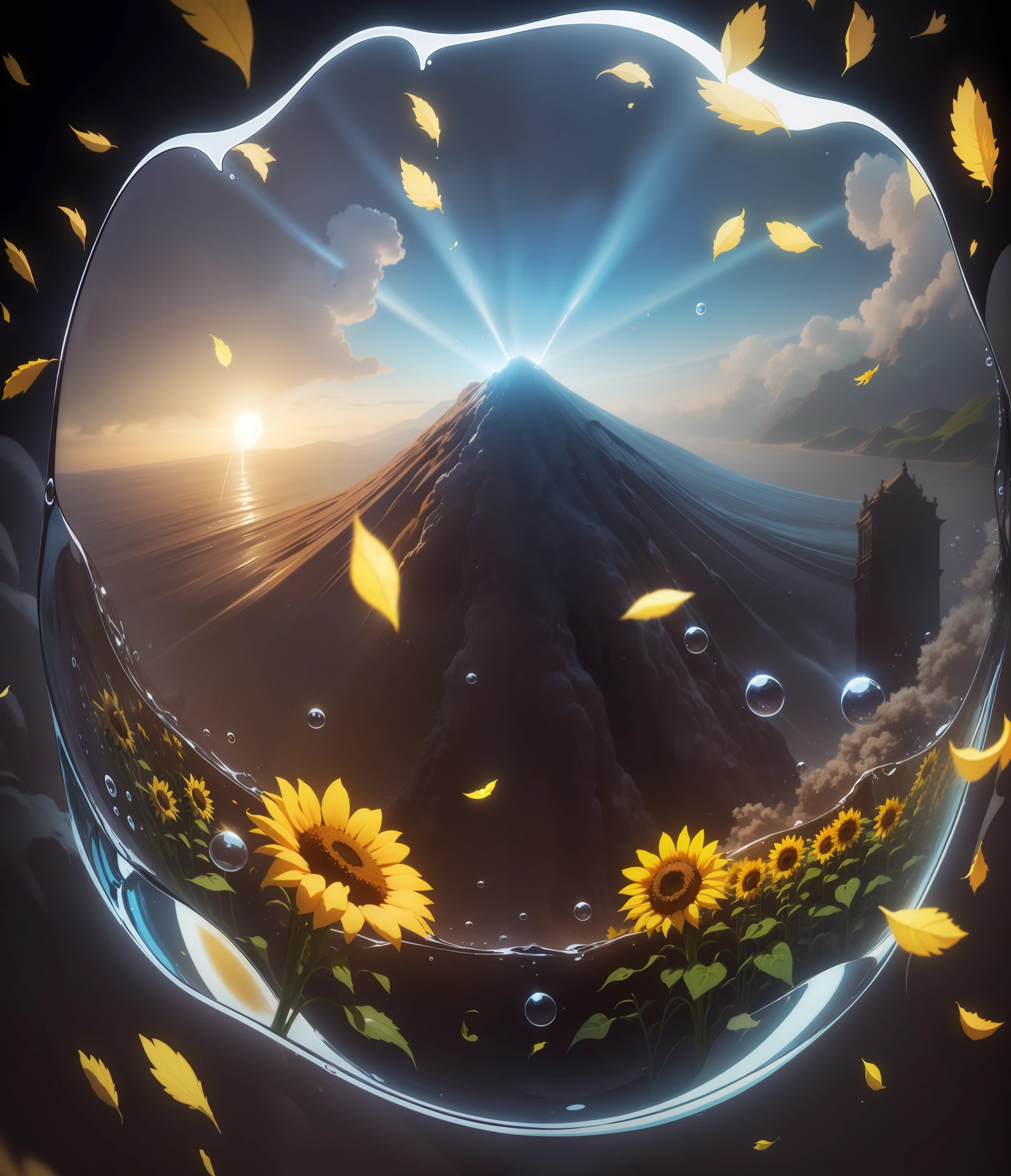 Sunflower, super transparent, Holy Light, beautiful spectrum light, bright petals, glinting, transparent light droplets, Reflected Light, Bright, light flowing in, optics, portrait silhouette, Sharp Focus, Magical, Convoluted, Hyper-realistic, Fantasy, Composition, light, trend artstation, pearls, patron saint silver vapor cloud, corroded family of surrounding rays, 8K, real air 23v4 uplight