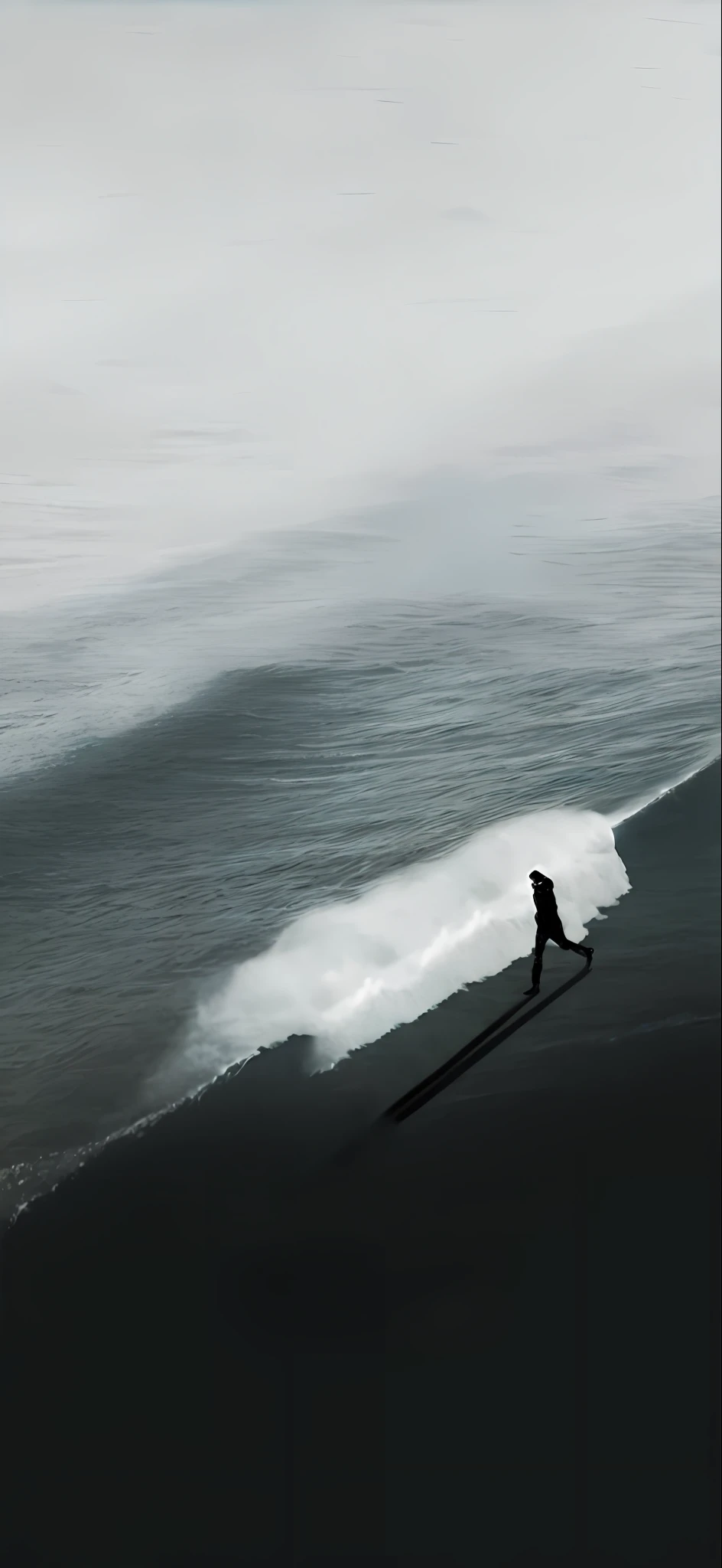 Surfers on the waves,There is shade on the beach, stunning moody cinematography, Alessio Albi, stunning cinematography, amazing cinematography, Surf photography, beautiful cinematography, absolutely outstanding image, great cinematography, maybe small waves, author:Ker-Xavier Roussel, Surreal photography, motivational, 'lone dark figure'!!, fan ho photography, Screenshot of Terrence Malik