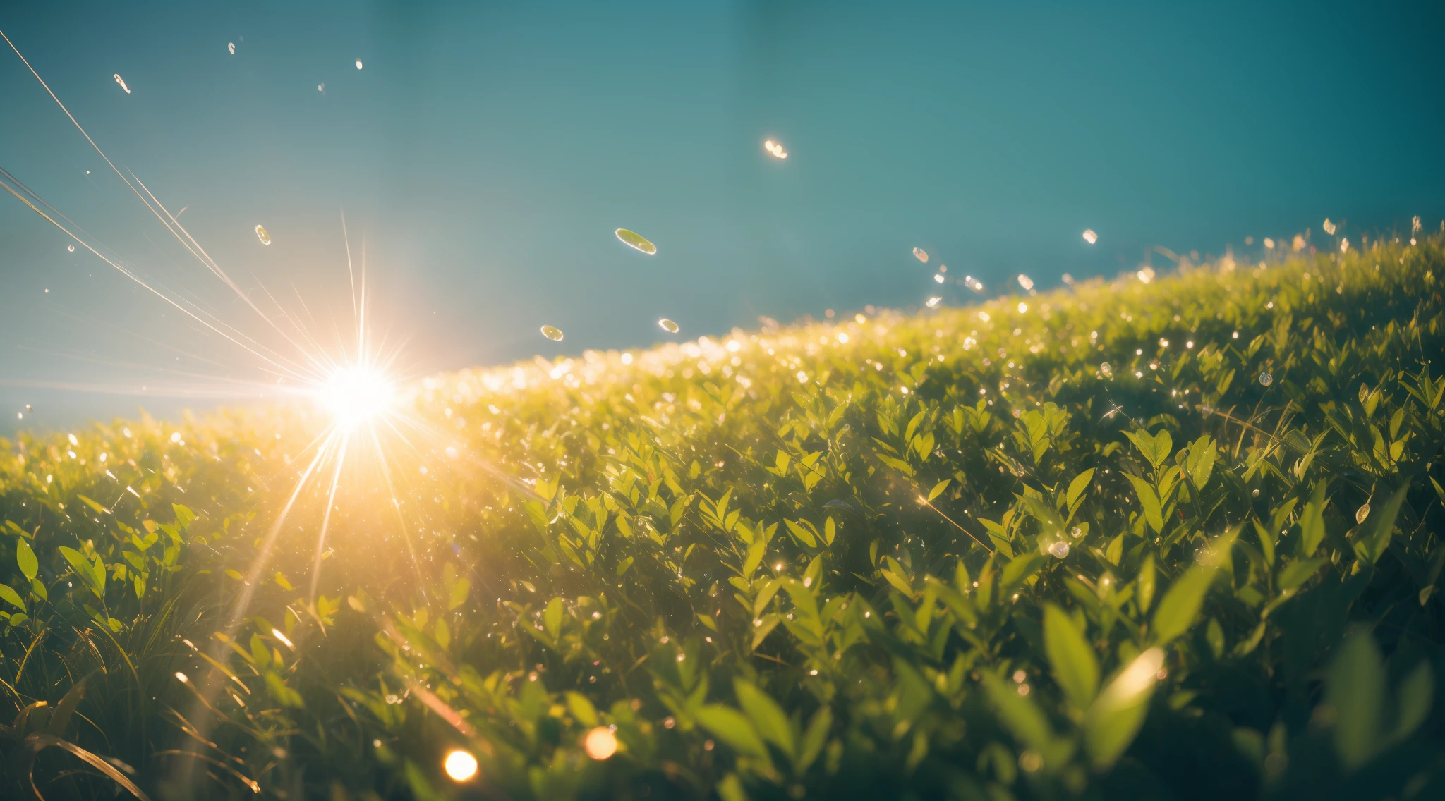 Leaves with morning dew, Thick morning mist, Cinematic lighting, Photorealistic, one-point perspective, 32K, diffuse reflection, colorful shiny particles, Lens Flare, sharp reflection light