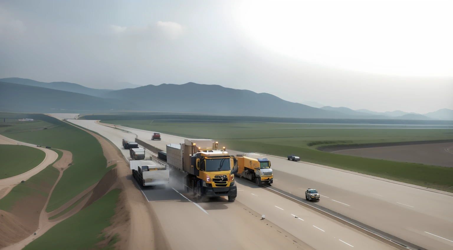 Alafard construction equipment on highway with truck and tractor, Consectetur adipiscing elite, 8 k''. filling of the view, infrastructure, photograph taken in 2 0 2 0, exploitable image, Digged out Steinert, jinyiwei, bian luan, qiangshu, the photo shows a large, Li Zixin