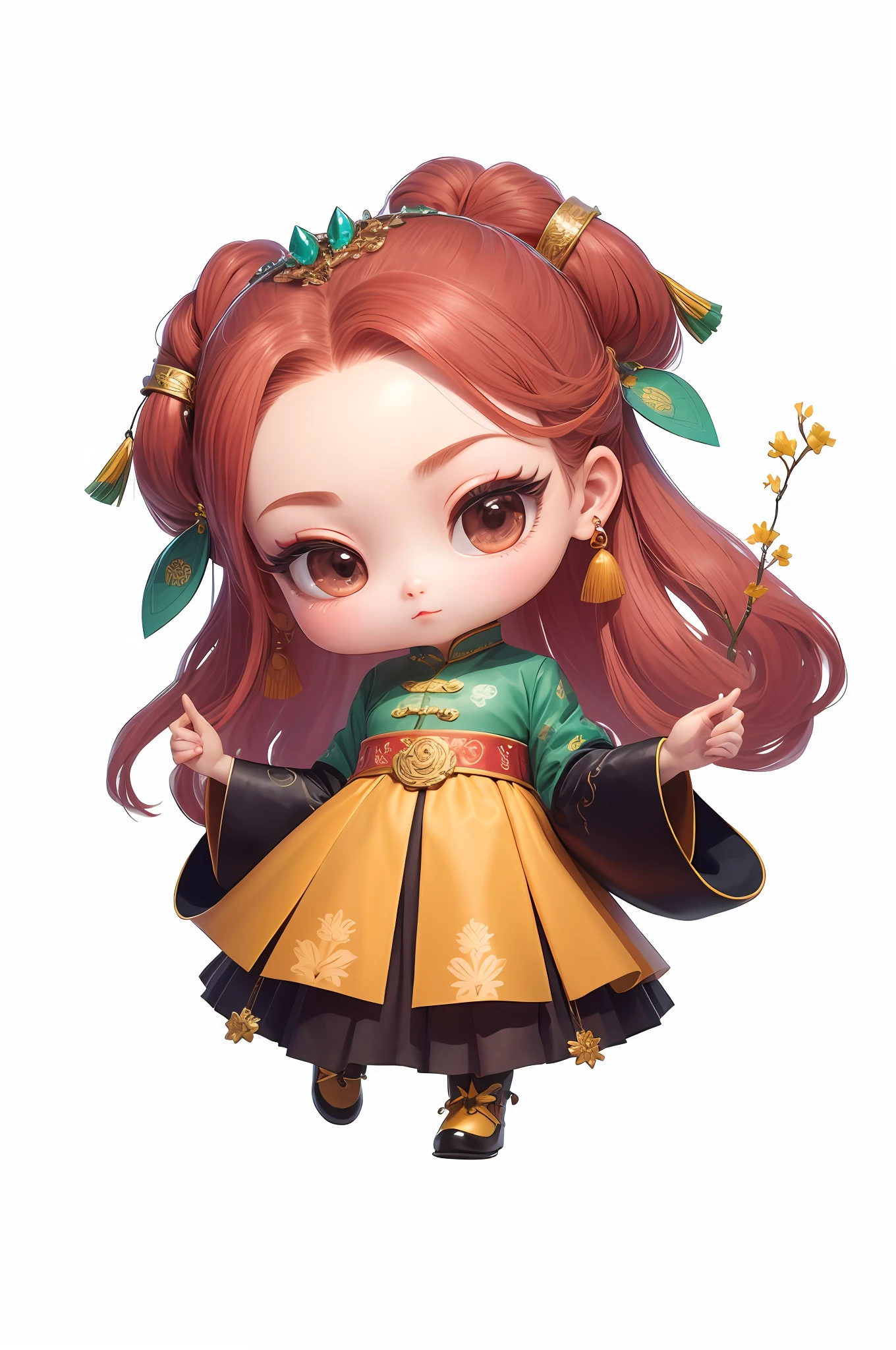China-style,Chinesedress,Chinese shoes,Metal edges,Textured,Pattern,Pedras preciosas,Refinement,Fine painting,Refinement,infinite details,high definition detail,k hd,There are ornaments on the head,trinkets,Pedras preciosas,