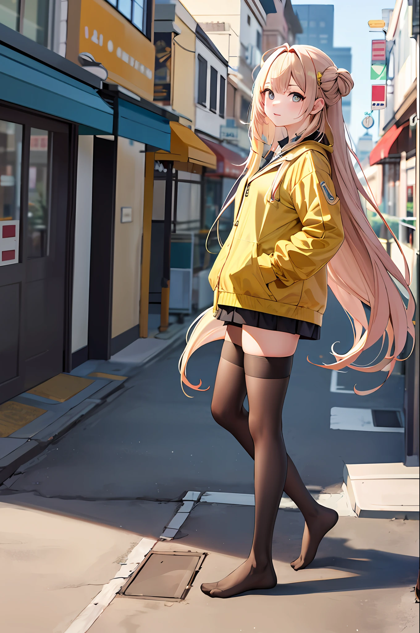 tmasterpiece，best qualtiy，A high resolution，IONO1，1girll，long whitr hair，Yellow jacket，street corner，black lence stockings，No shoes on