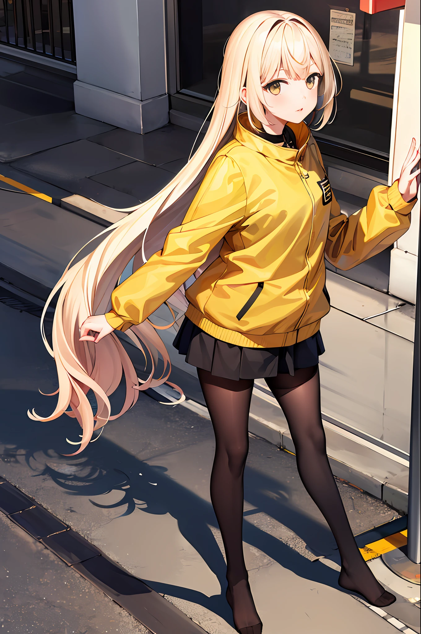 tmasterpiece，best qualtiy，A high resolution，IONO1，1girll，long whitr hair，Yellow jacket，street corner，black lence stockings，No shoes on