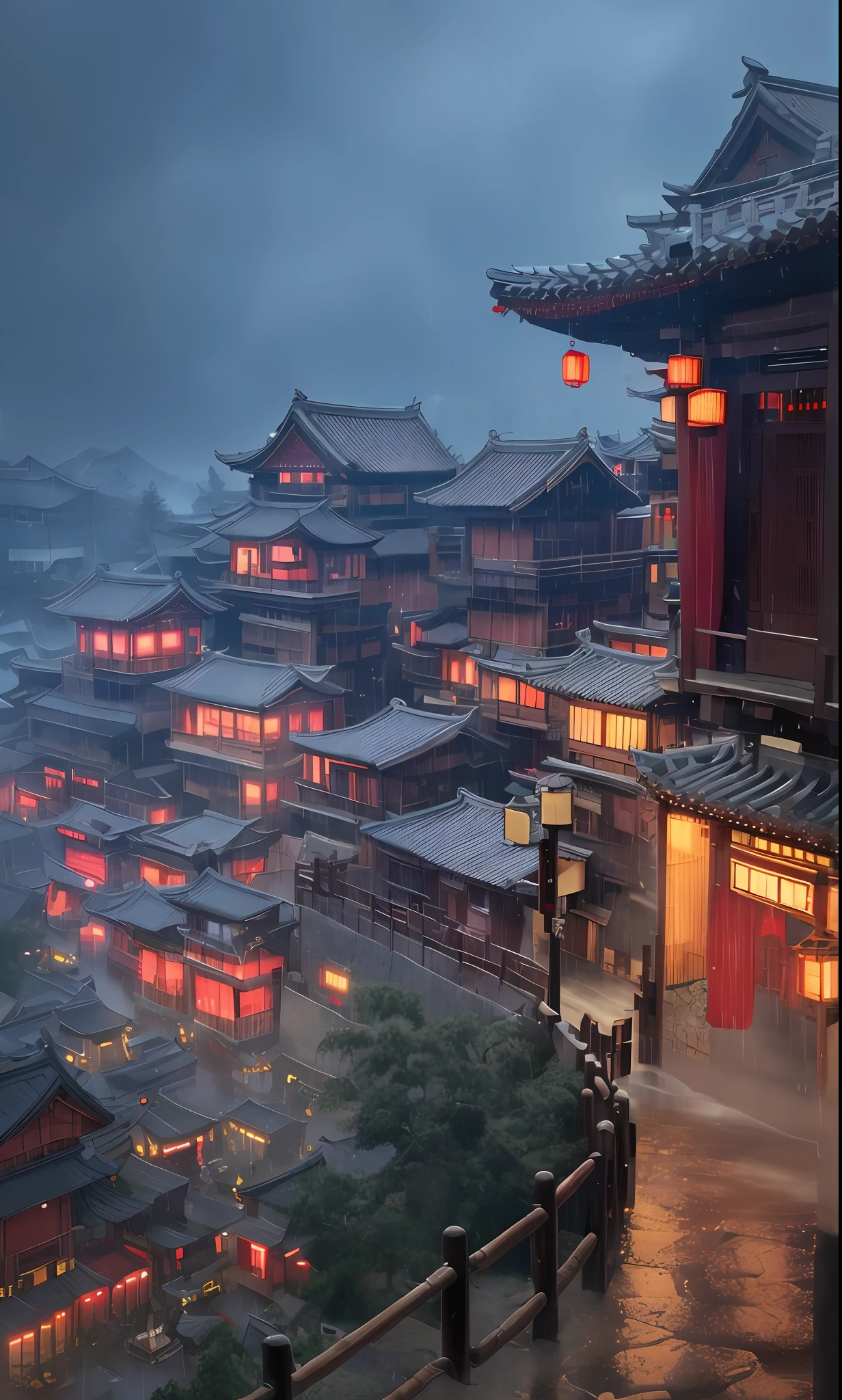 arafed view of a village with a lot of lights on the buildings, dreamy chinese town, chinese village, amazing wallpaper, japanese town, japanese village, hyper realistic photo of a town, old asian village, japanese city, by Raymond Han, rainy evening, cyberpunk chinese ancient castle, beautifully lit buildings, at evening during rain, beautiful and aesthetic, photography, cinematic, 8k, high detailed ((Heavy rain)))