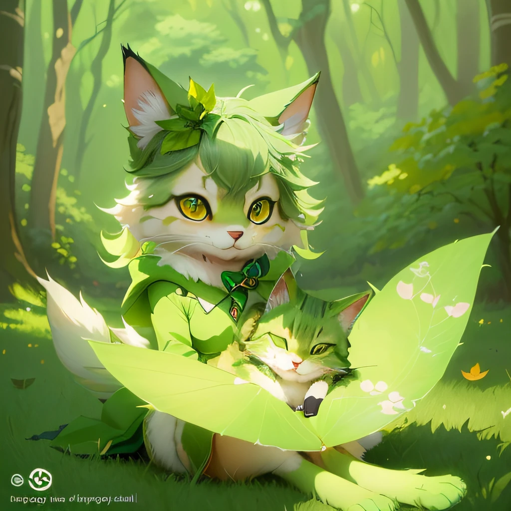 There is a cartoon cat sitting on the grass,There is a leaf on the head, lovely digital painting, digital green fox, Cute detailed digital art, very very beautiful furry art, Loish et WLOP, anime visual of a cute cat, realistic anime cat, fursona art, cute forest creature, author:Shitao, anime cat, adorable digital art