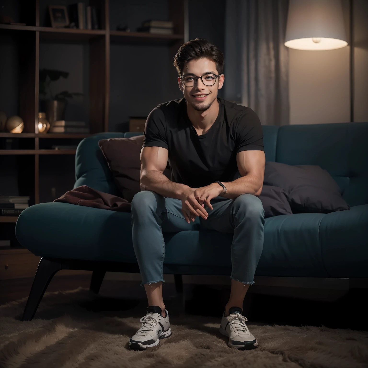 one realistic smiling confident and calm looking realistic handsome young physiqued man in tees, with glasses staring directly into the camera, sitting on sofa with crossed leg, in well tidy modern room , little dark themed