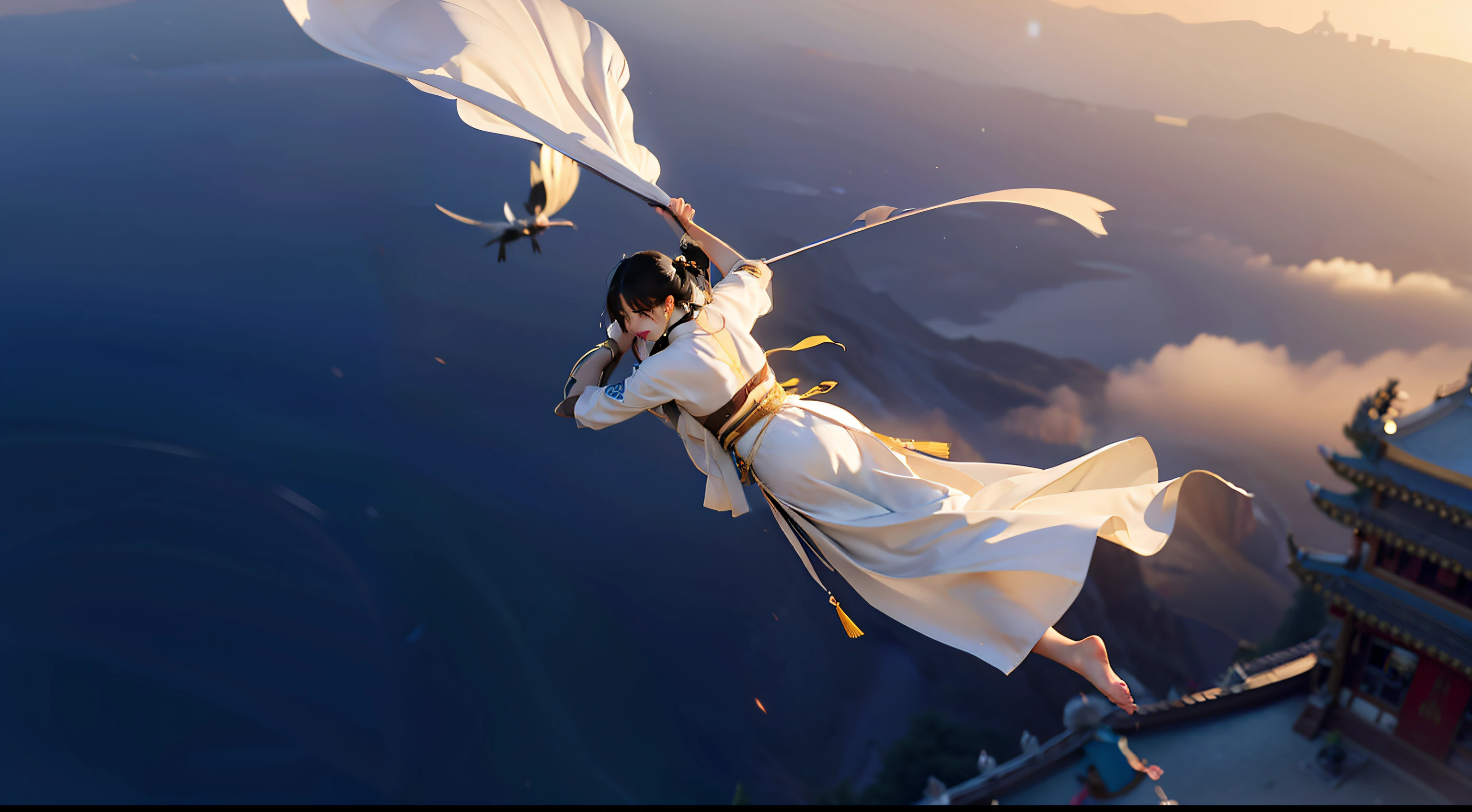 The image of Arafad flying in the air in an ancient Chinese city in a white robe, Flowing white robe, by Bayard Wu, chengwei pan on artstation, Feng Zhu concept art, ross tran and wlop, author：Han Gan, cgsociety and fenghua zhong, ross tran and bayard wu, Inspired by Fenghua Zhong,photo from the back