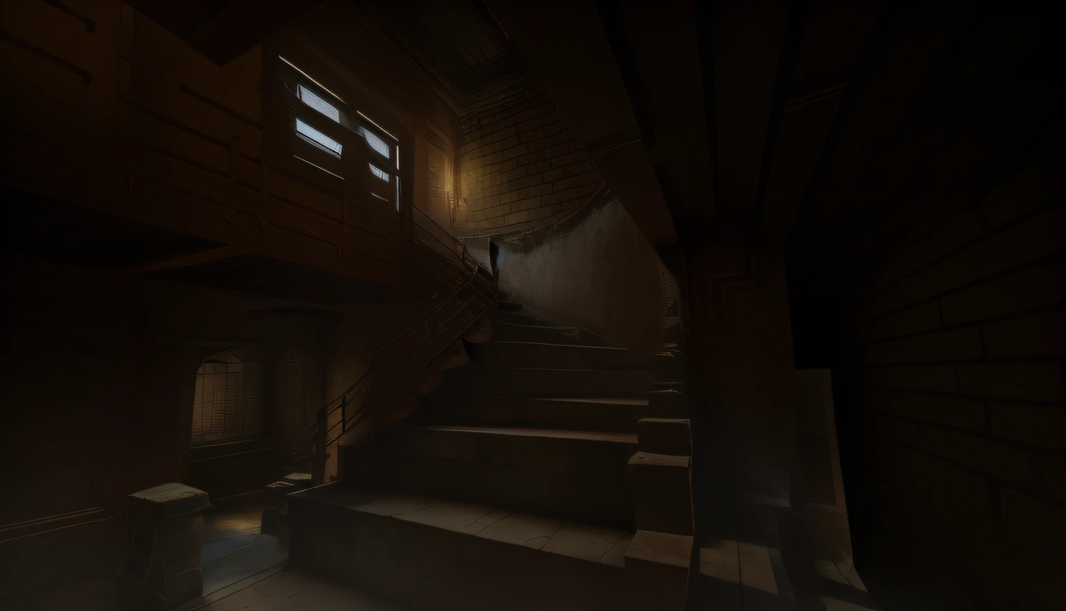 There is a photo of a room with stairs and windows, mysterious ambient lighting, Screenshot from, stairways, moderate atmospheric lighting, natural shaders, detailed ambient lighting, stairs to an upper floor, stairways, dim murky lights, Subtle mood lighting, extremely gloomy lighting, somber lighting, stone steps,concept-art,