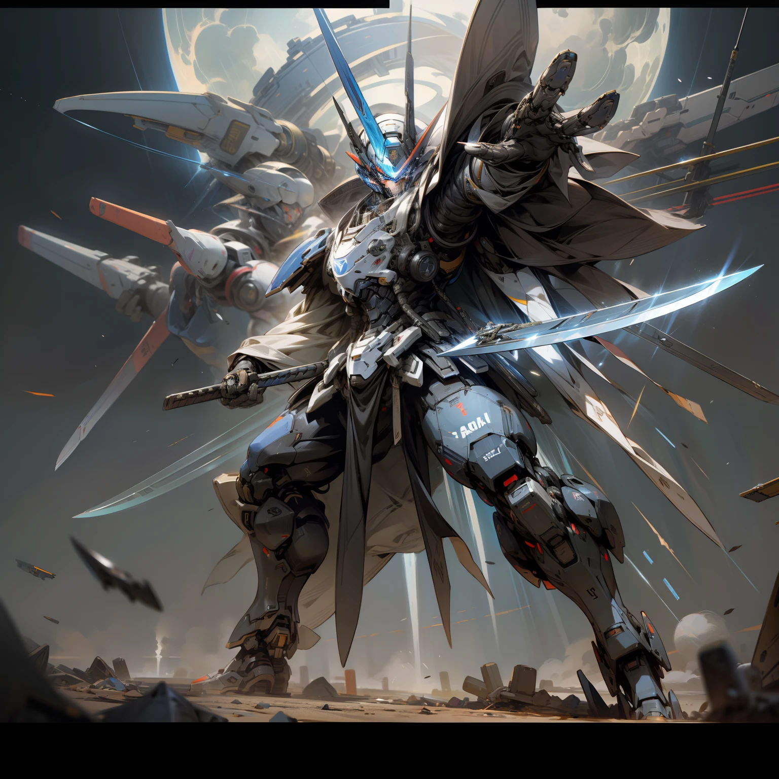 mechs、droid、battleing、kosmos、top-quality、Machine only、Future、a cool、masterpiece、A black、Knives、A Japanese style、Machine only、rays of moonlight、NOhumans、8K、Mekamekashi