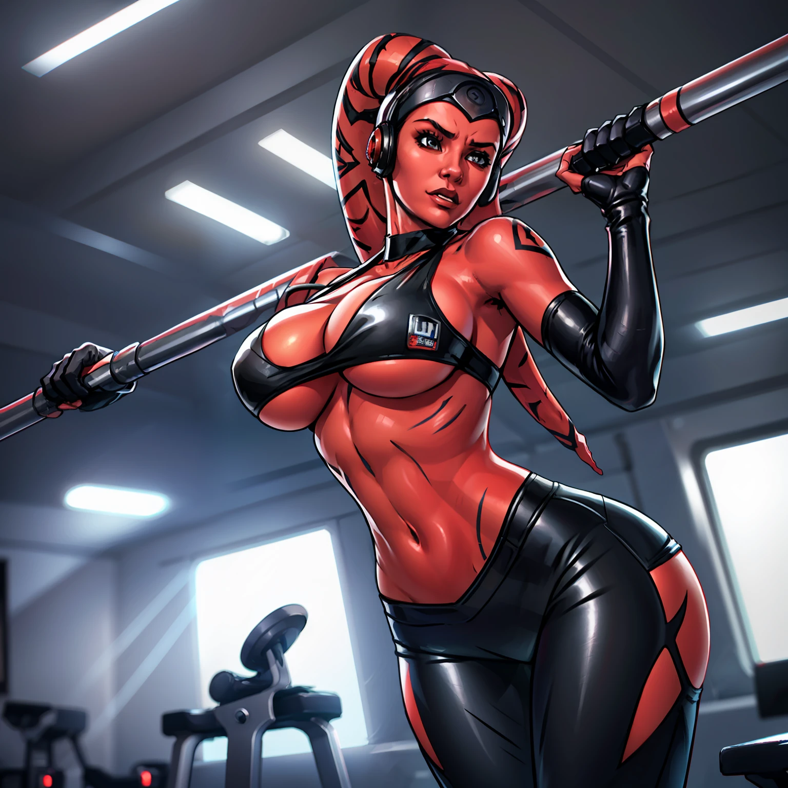 1girl, busty, cleavage, underboob, sideboob, masterpiece, best quality, high-definition, ((red skin), twi'lek), stretching, working out, evil space knight, space ninja, (wearing black halter top, leggings, ((busty)), slender body, thin, slim sexy body, slim waist, (((huge breasts)))), futuristic gym,, Star Wars,