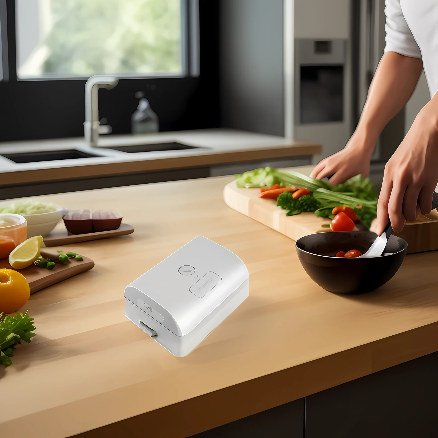 Someone prepares a meal on a wooden countertop, Vacuum sealer, Product photo, bottom angles, detailed surroundings, easy to use,, on a dark background,, SleekDesign, In a kitchen, arte mista, Vibrant and dynamic, detailled image, enhanced photo, with a white