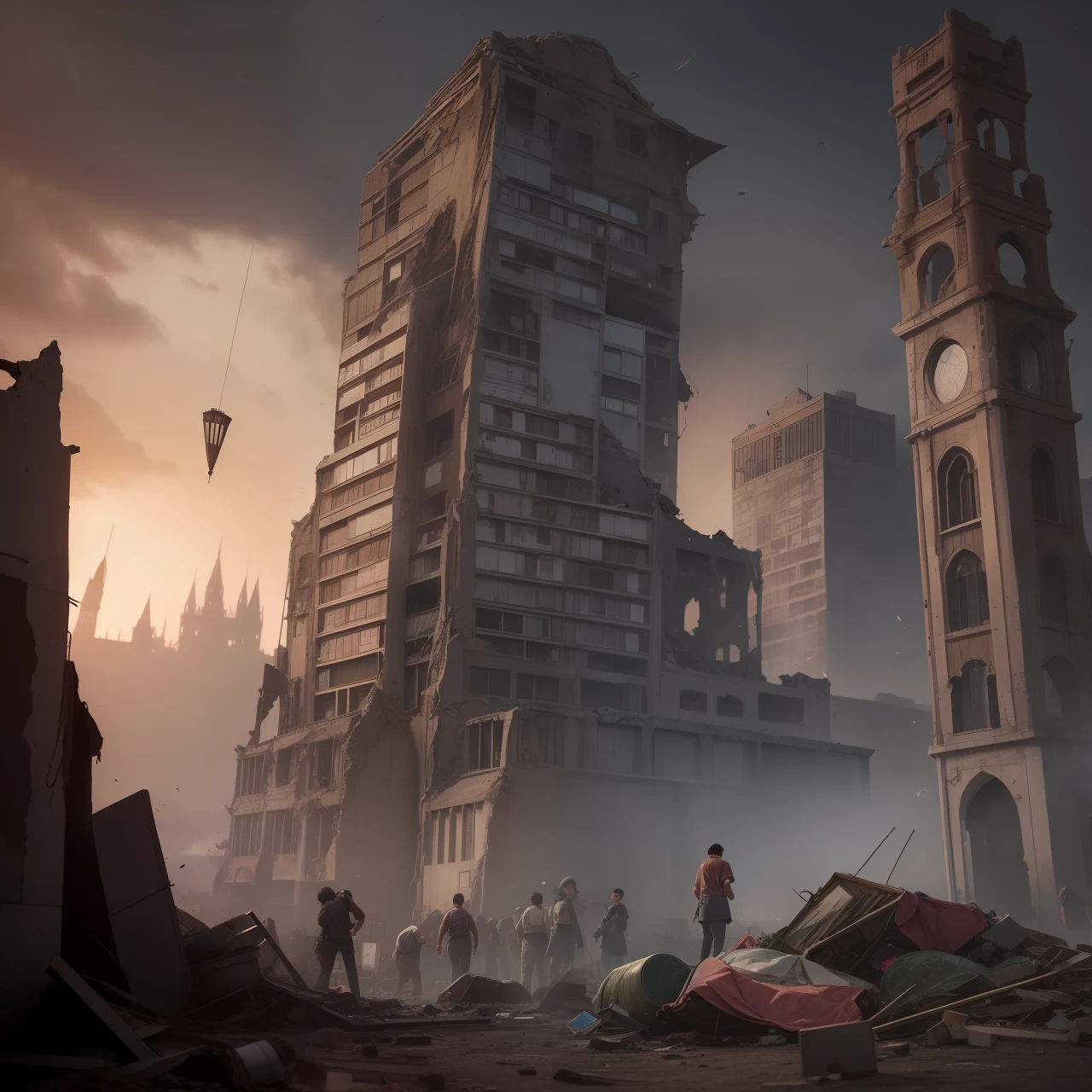 ruined city、The bodies are piled up in a heap、Bombs, falling from the sky