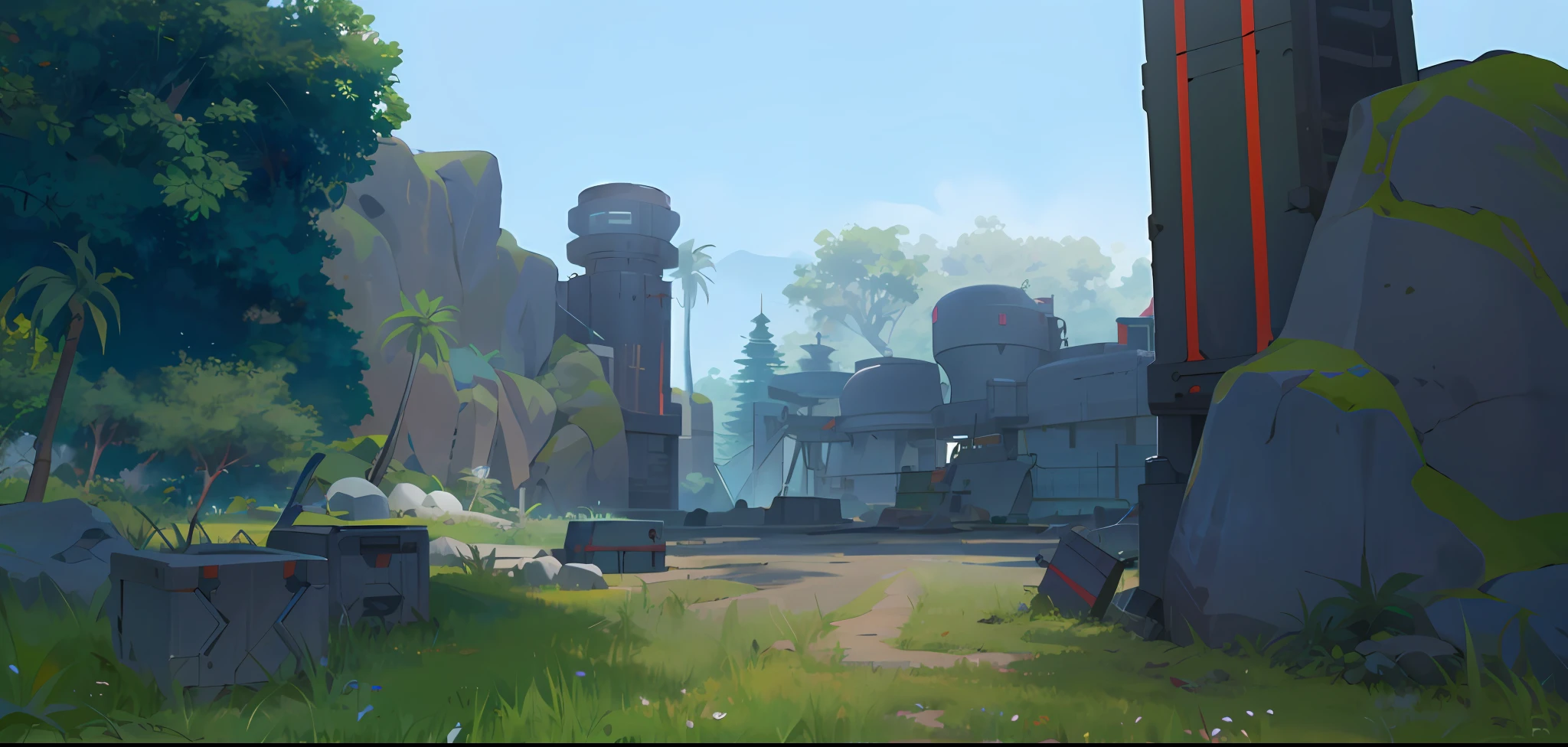 （（（8K，RAW photos，best qualtiy，tmasterpiece：1.4））），超高分辨率，ultra - detailed，illustratio，closeup cleavage，sense of science and technology，mirai、imagining、military base，overwatch style，tropical jungle，Rocks，Add air perspective，Bastion base，lookout tower，Dirt roads，coconut palms，