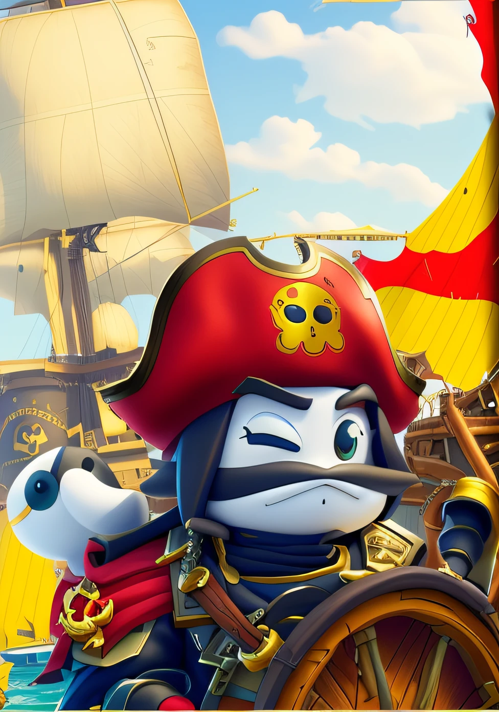 Cartoon pirate with a ship and a dog in background, pirate, a pirate, Pirate theme, on a pirate ship background, Pirate captain, a pirate, king of pirates, pirate portrait, pirate ship in background, 《Sea of Thieves》styled, pirate setting, profile picture 1024px, Robot pirate, swashbuckler class pirate, Portrait of a young pirate