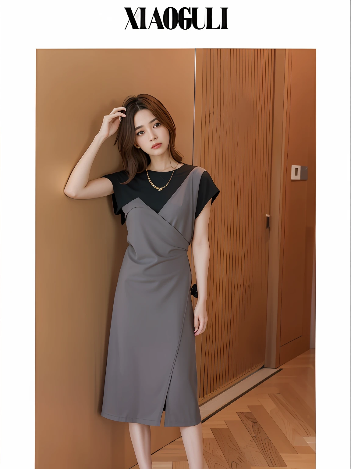 (((very vey very detailed face))),((very detailed eyes and faces))),beatiful detailed eyes,Body parts__,Arakfi woman leaning against a wall in a gray dress, simple dress, Official product image, frock, Formal attire, jia, (Digital art), Official, light half opened dress, medium poly, Women's long skirt, advertisement picture, leaked image, Femme, Asymmetry, asymmetric, ash, Medium full shot