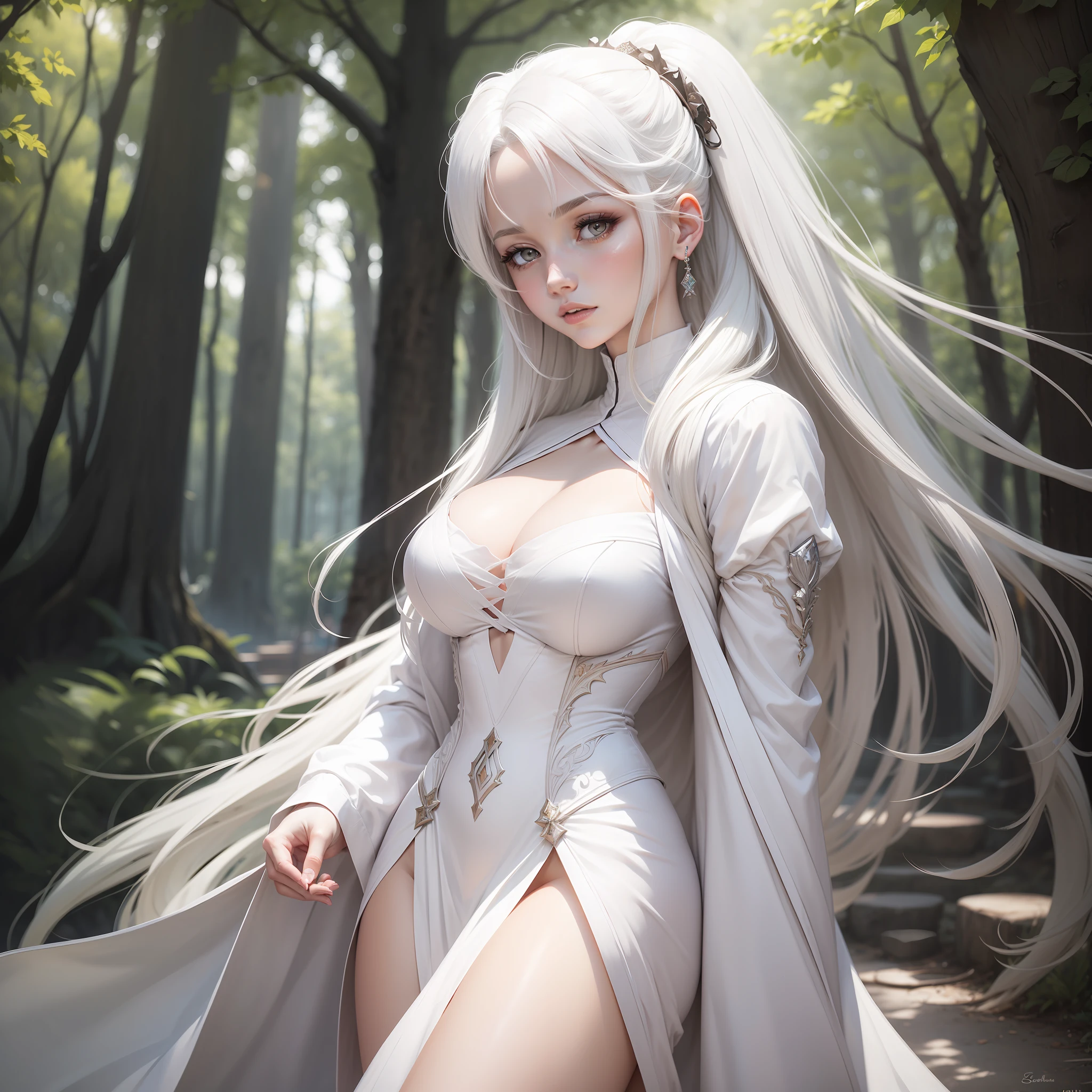 A portrait of a white-haired woman,Anime style,quadratic element,tmasterpiece,high detal,long white robe,perfect women figure,delicated face,serenidade,orthofacial,Raised sexy,parks,trail,Realistic light