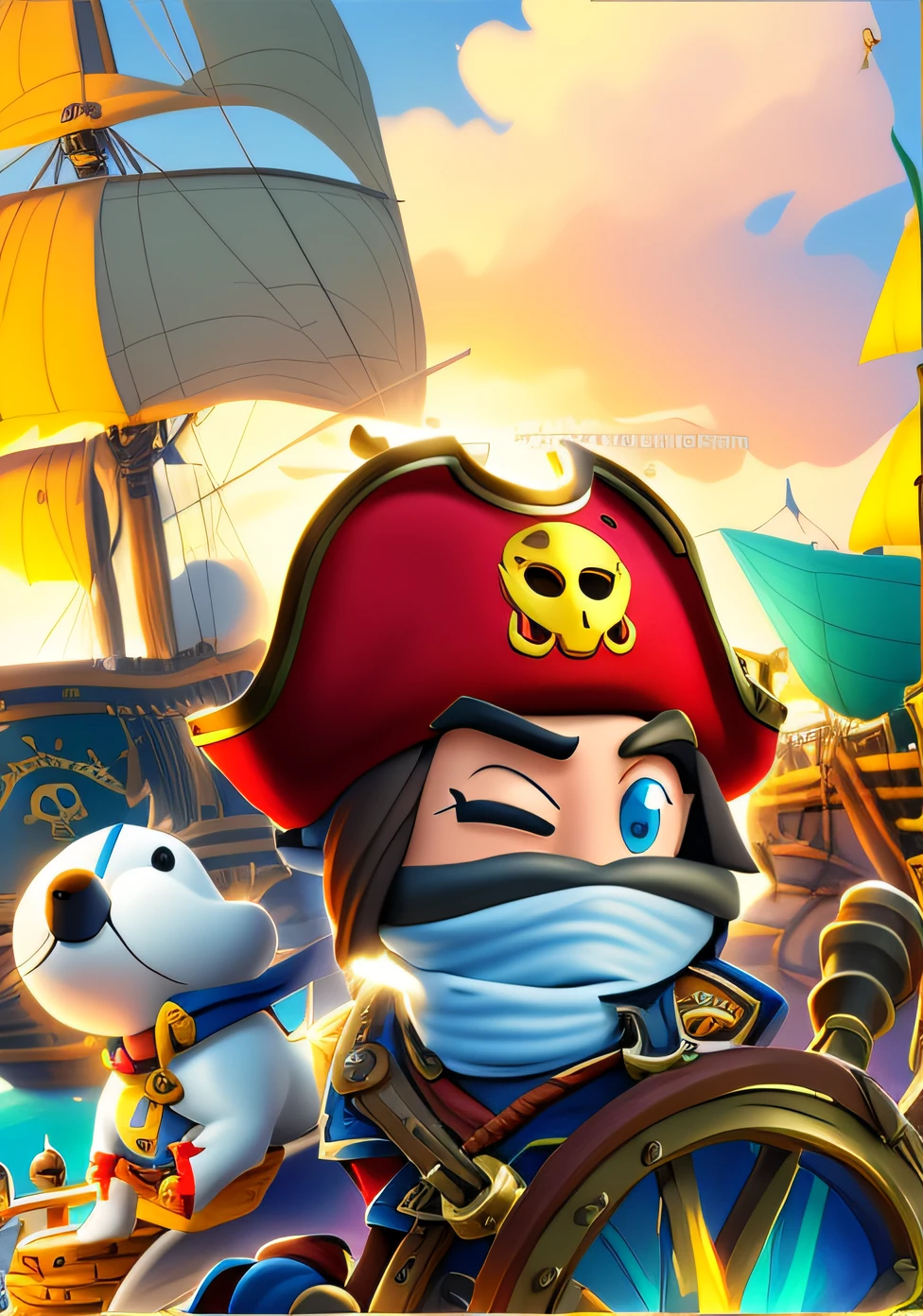 Cartoon pirate with a ship and a dog in background, pirate, a pirate, Pirate theme, on a pirate ship background, Pirate captain, a pirate, king of pirates, pirate portrait, pirate ship in background, 《Sea of Thieves》styled, pirate setting, profile picture 1024px, Robot pirate, swashbuckler class pirate, Portrait of a young pirate