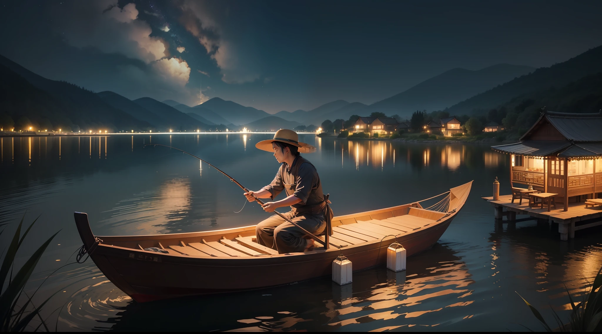the night,Starlight at night,Fishing on the lake、Spread your fishing nets,Farmers in China,rustic,Spread your fishing nets,A lake in the countryside,Big fish、Garden、Splashing water、Countryside on the shore of the lake,fish,Fishermen cast nets on boats,