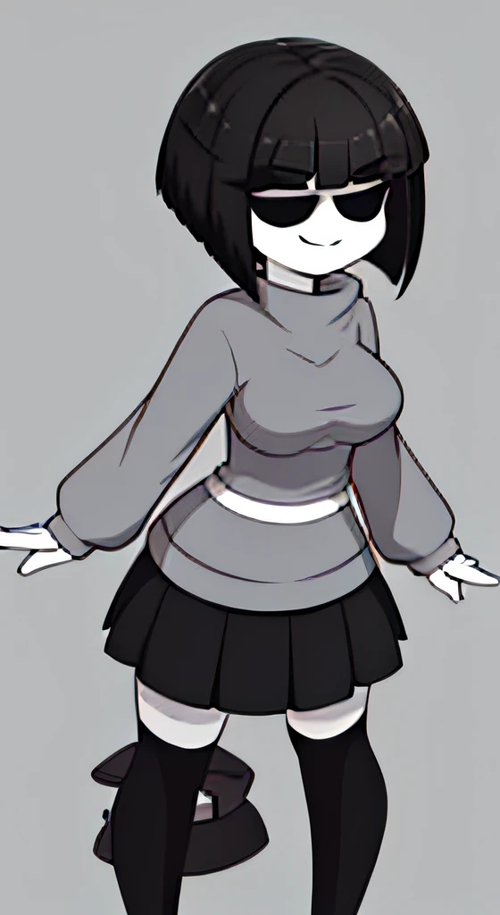 core!frisk, grey sweater, monochrome girl, 1girl, grey hair, long hair, void eye, ((short hair)), full body, black skirt, adult, medium breasts, novex artstyle, grey horizional stripes, smiling, breasts
