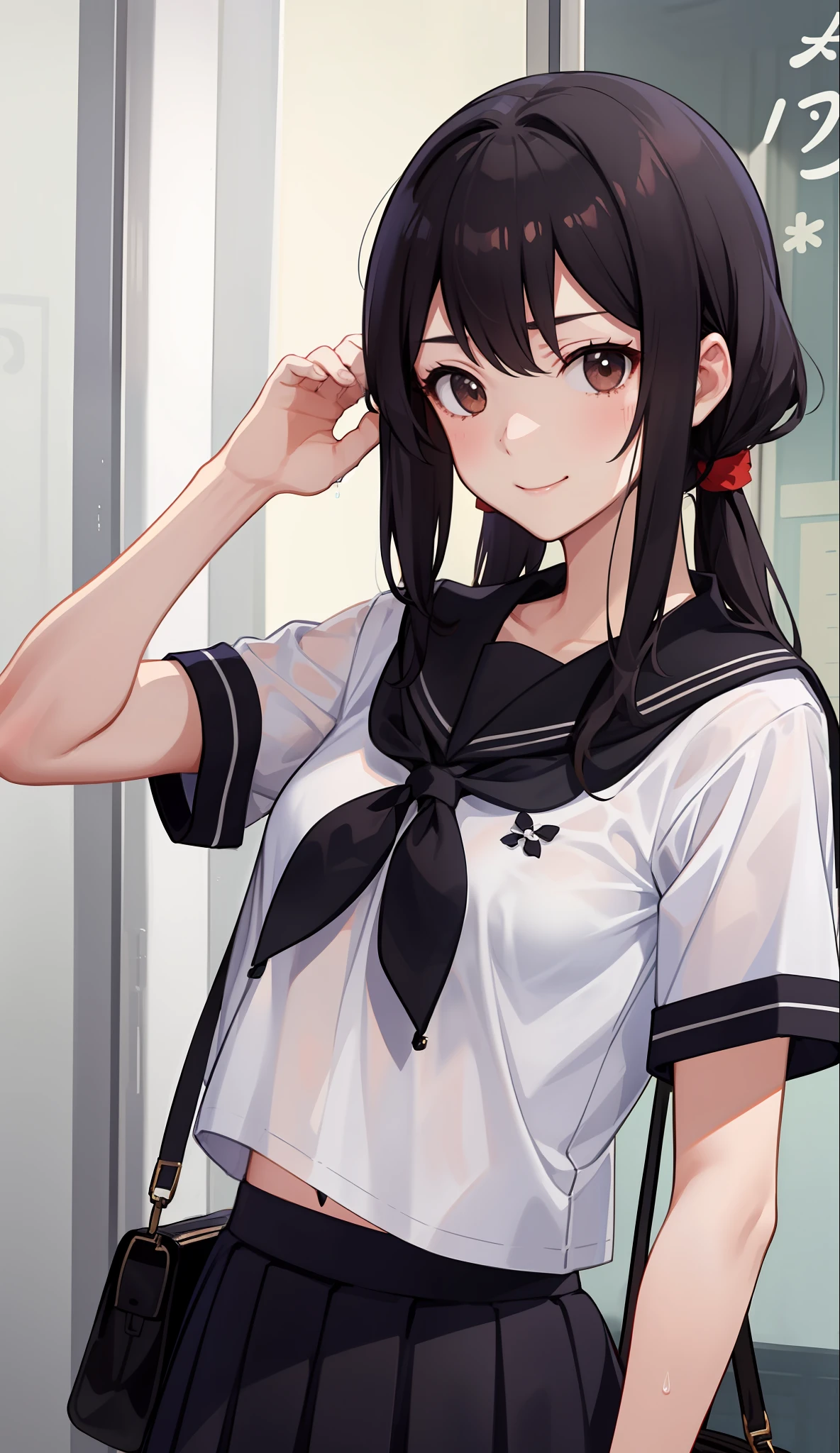 1girl in、A smile、The shirt、skirt by the、（small tits）Chilarism、Japan High School Student Uniform、serafuku、summer clothing、Squall Drenched Uniform、（Sheer Bra）、Upper body portrait、
