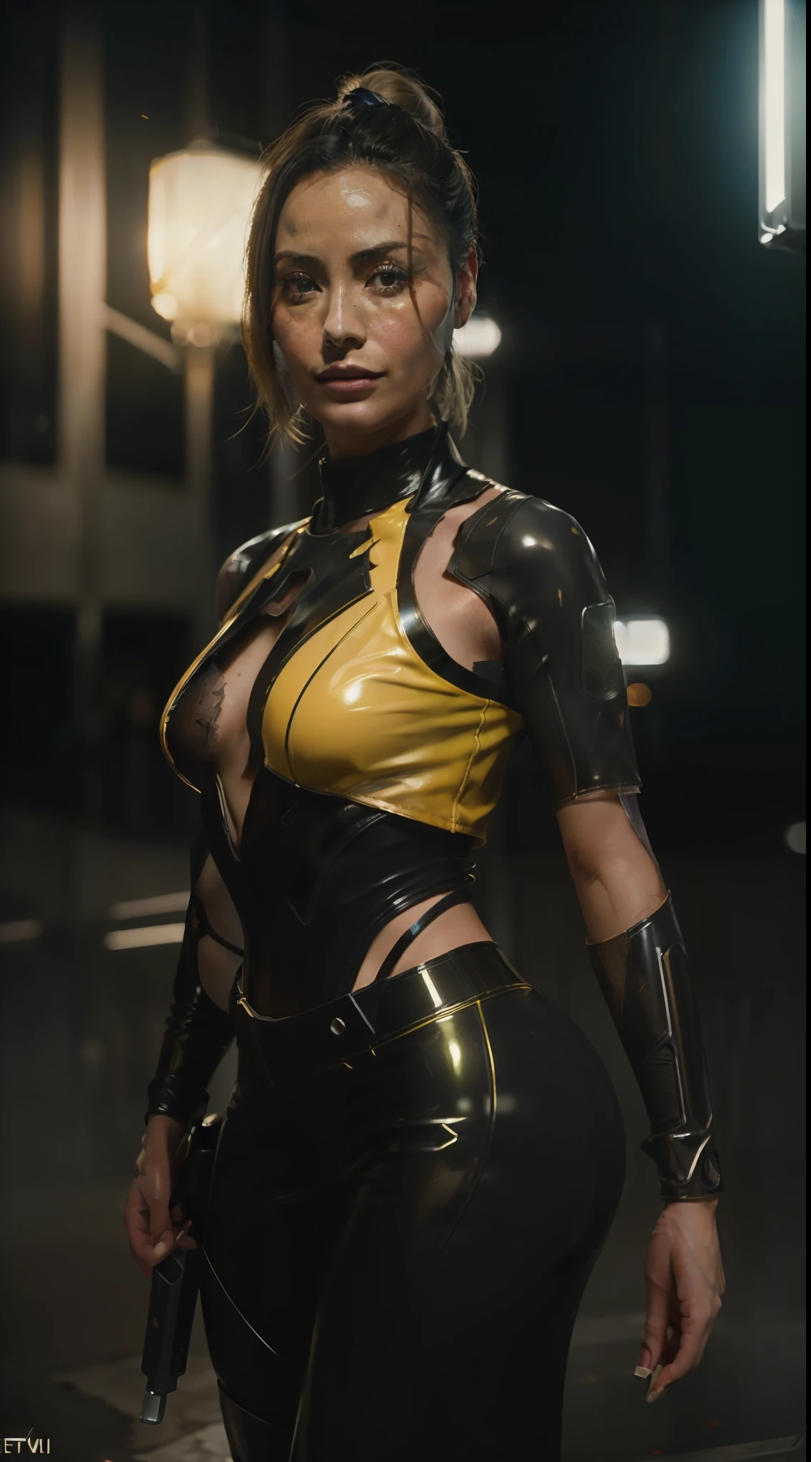(8k, ARTISTIC photography, best quality, masterpiece: 1.2), (realistic, photorealistic: 1.37), (((Pom Klementieff))) over-detailed, (high-detail skin: 1.2), 8k uhd, SLR camera, soft lighting, high quality, film grain, Arri Alexa, cinematic lighting, photonic display, brightness, physically rendered photo (80s style Female action star on streets of Harajuku), , (fighting pose ) ((no smile)), over-detailed face, (((Pom Klementieffi))), wild hair, blonde, cybernetics (( swat style gear with body amour )), ((( yellow latex clothes )), ((( intricate outfits))), (((pure 8K))), (((perfect ???????))), extremely high-quality graphics, Riddley Scott, Blade Runner, Denis villeneuve (((cinematic lighting))), ((clear details)), complex, highly detailed background,