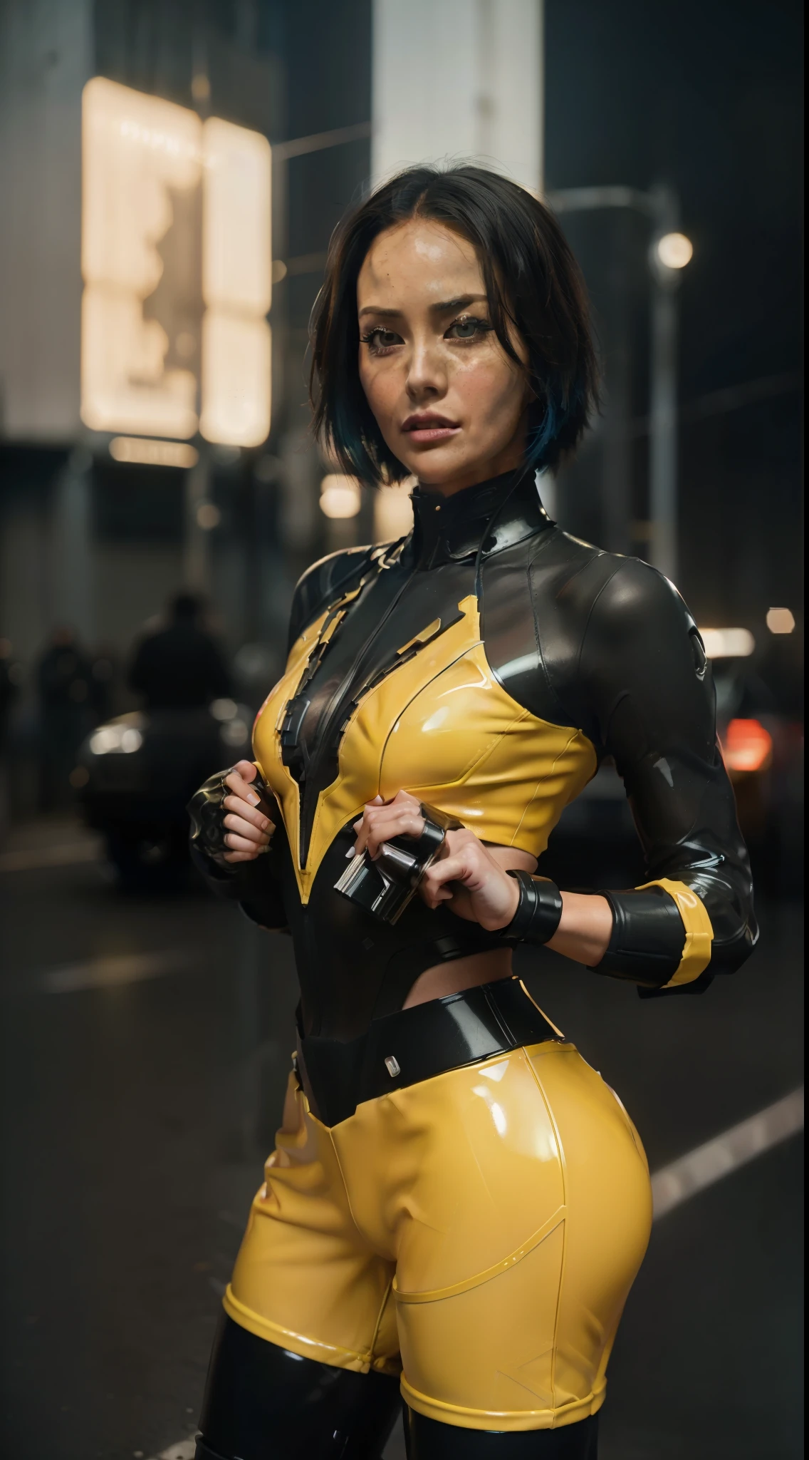 (8k, ARTISTIC photography, best quality, masterpiece: 1.2), (realistic, photorealistic: 1.37), (((Pom Klementieff))) over-detailed, (high-detail skin: 1.2), 8k uhd, SLR camera, soft lighting, high quality, film grain, Arri Alexa, cinematic lighting, photonic display, brightness, physically rendered photo (80s style Female action star on streets of Harajuku), , (fighting pose ) ((no smile)), over-detailed face, (((Pom Klementieffi))), wild hair, blonde, cybernetics (( swat style gear with body amour )), ((( yellow latex clothes )), ((( intricate outfits))), (((pure 8K))), (((perfect anatomy))), extremely high-quality graphics, Riddley Scott, Blade Runner, Denis villeneuve (((cinematic lighting))), ((clear details)), complex, highly detailed background,