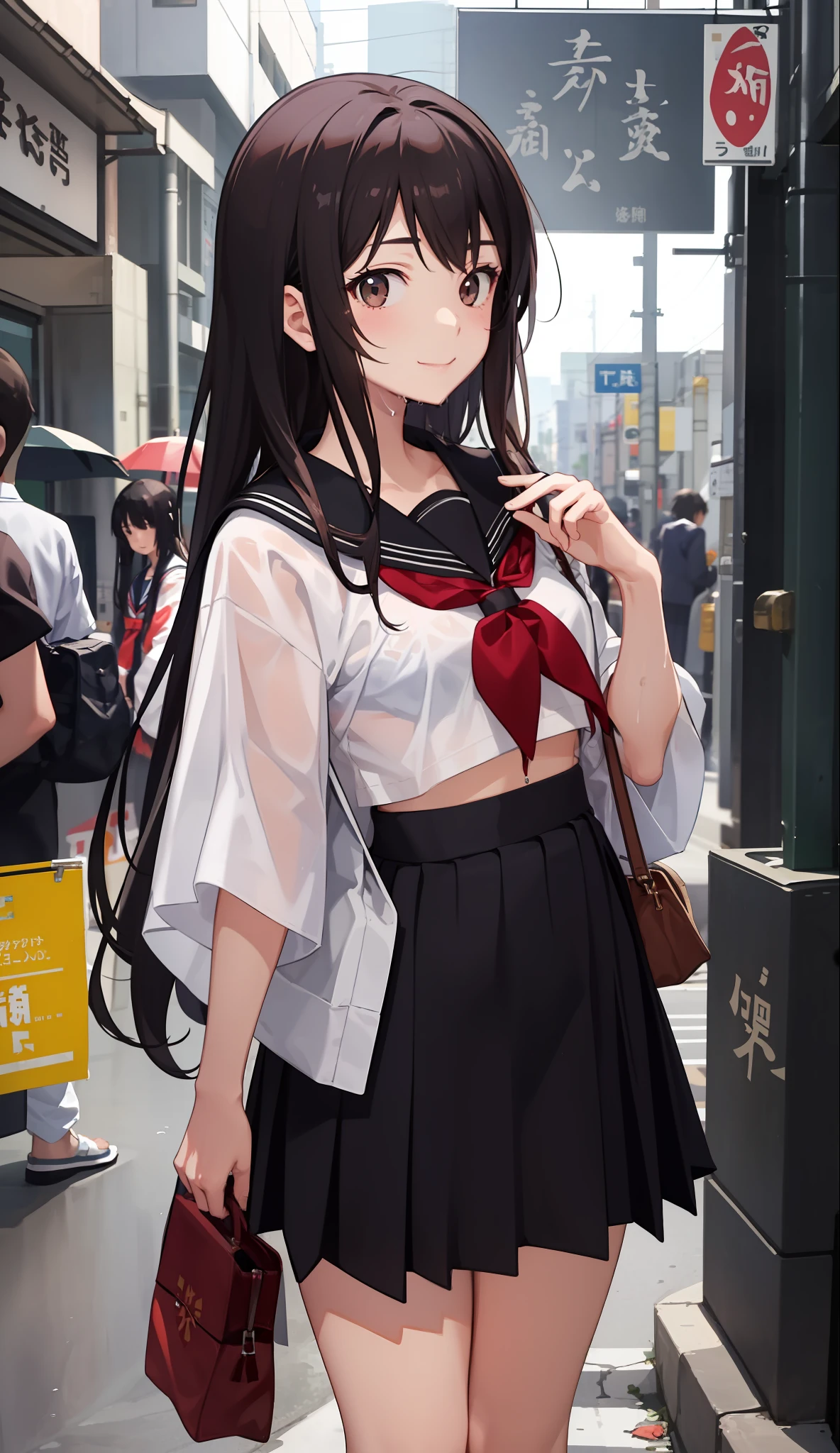 1girl in、A smile、The shirt、skirt by the、(small tits)Chilarism、Japan High School Student Uniform、serafuku、summer clothing、Squall Drenched Uniform、(Sheer Bra)、Upper body portrait、