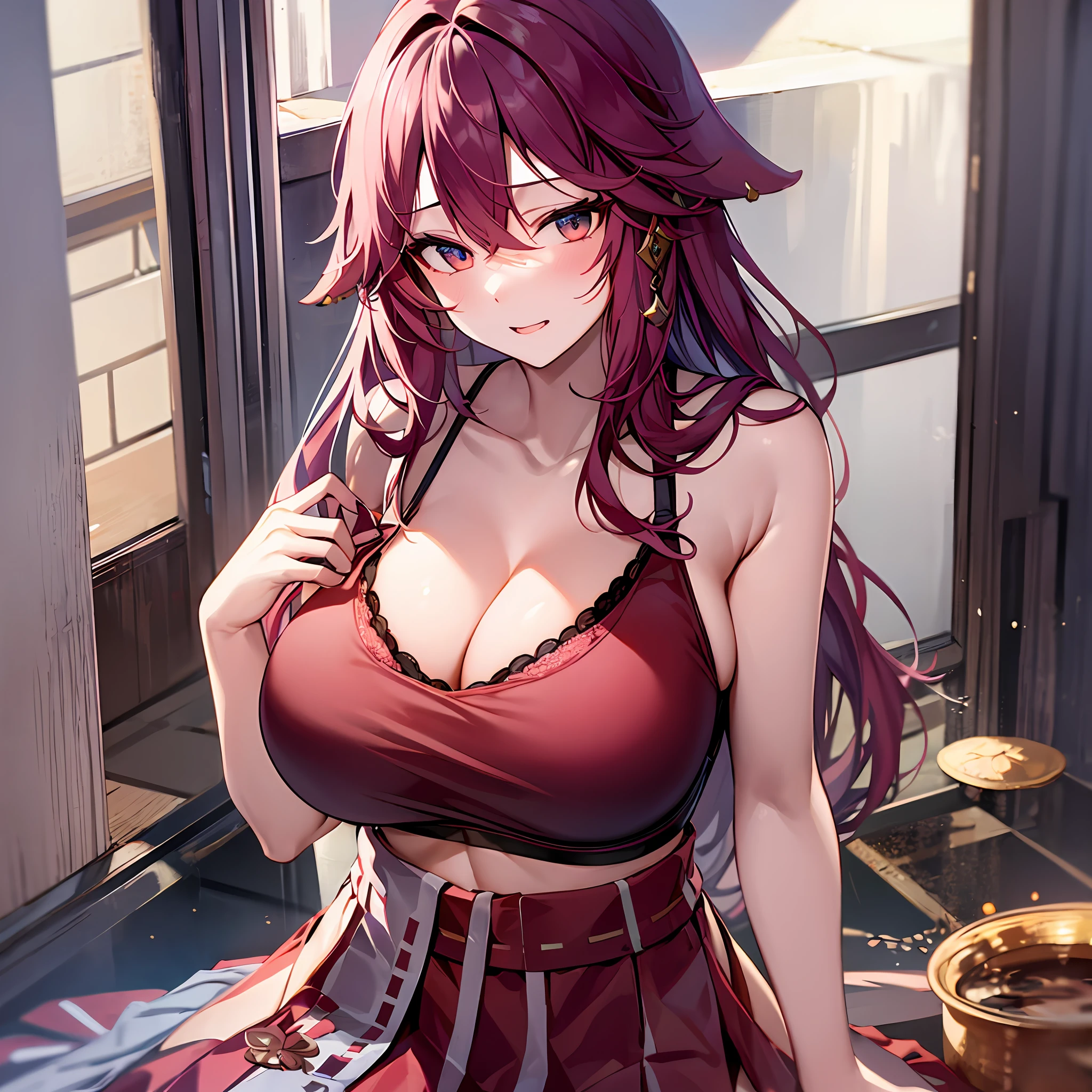 1Yae miko, large breasts,, cleavage, navel, t-shirt, ((bra)),clothes lift, skirt, lying, full Body,sexy body,sitting