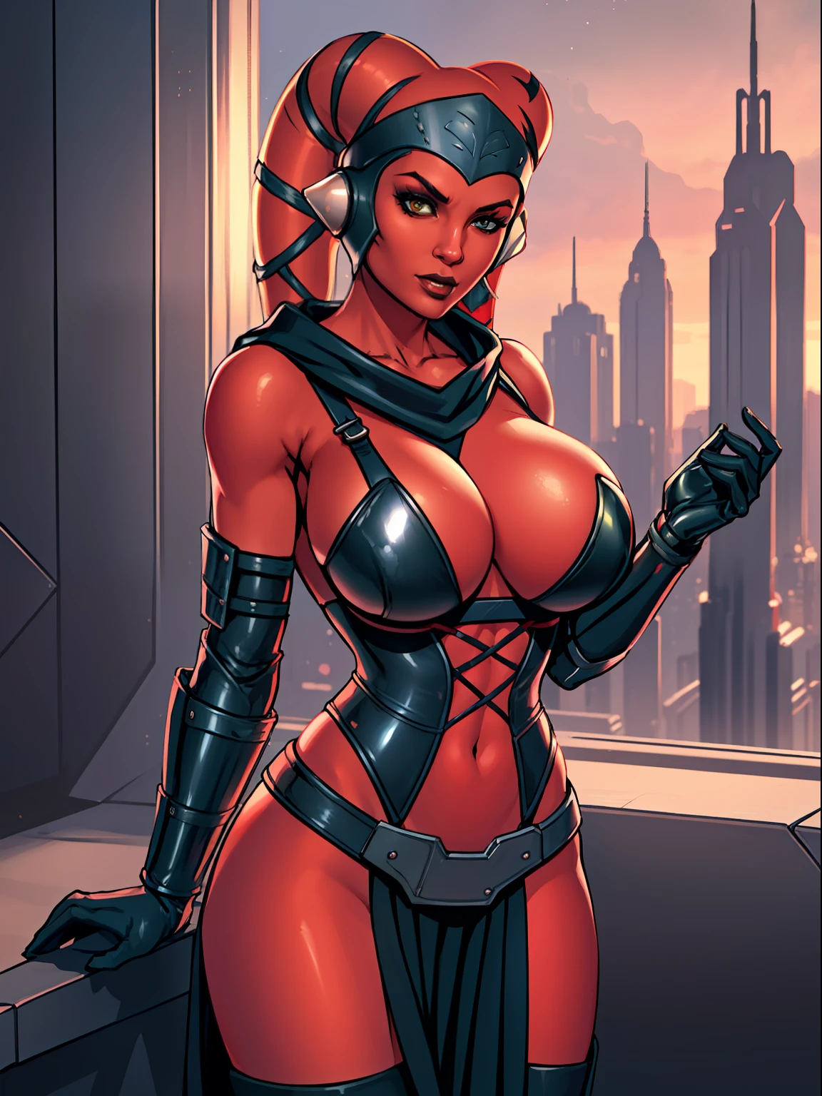 Sexy big tits Twi'lek, lithe body, busty, thin, athletic, ((red skin), twi'lek), evil space knight, space ninja, (wearing (((modest))) loose black tunic, cowl, cloak, gloves, leggings, straps, buckles, corset, long skirts, long sleeves, fantasy, ((armor))), ((busty), slender body, thin, slim sexy body, slim waist, ((huge breasts))), Imperial starship, Star Wars,