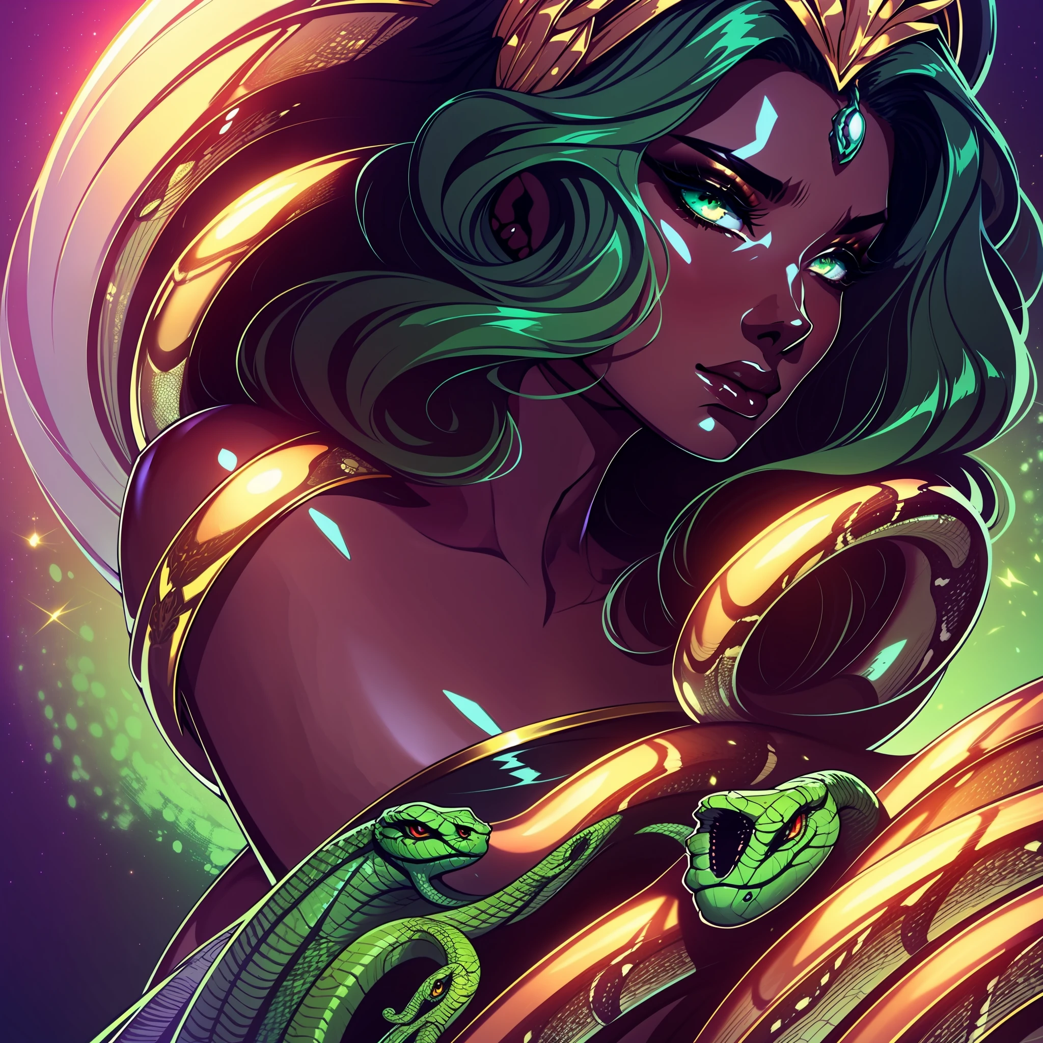 (extremely detailed CG unity 8k wallpaper, masterpiece, best quality, ultra-detailed), best illumination, an extremely delicate and beautiful, [(dynamic angle, (Medusa), long, luxurious, and intricate green hair, detailed and hypnotic eyes, golden serpent headdress, elegant and alluring, flowing green dress, (sinuous), long sharp nails, mythical snake-like creature, wide shot):1.2], [:(mystical forest, depth of field, eerie atmosphere, slithering snakes, faint flicker of candles, twisted vines, lush greenery, glowing eyes in the dark):0.8]