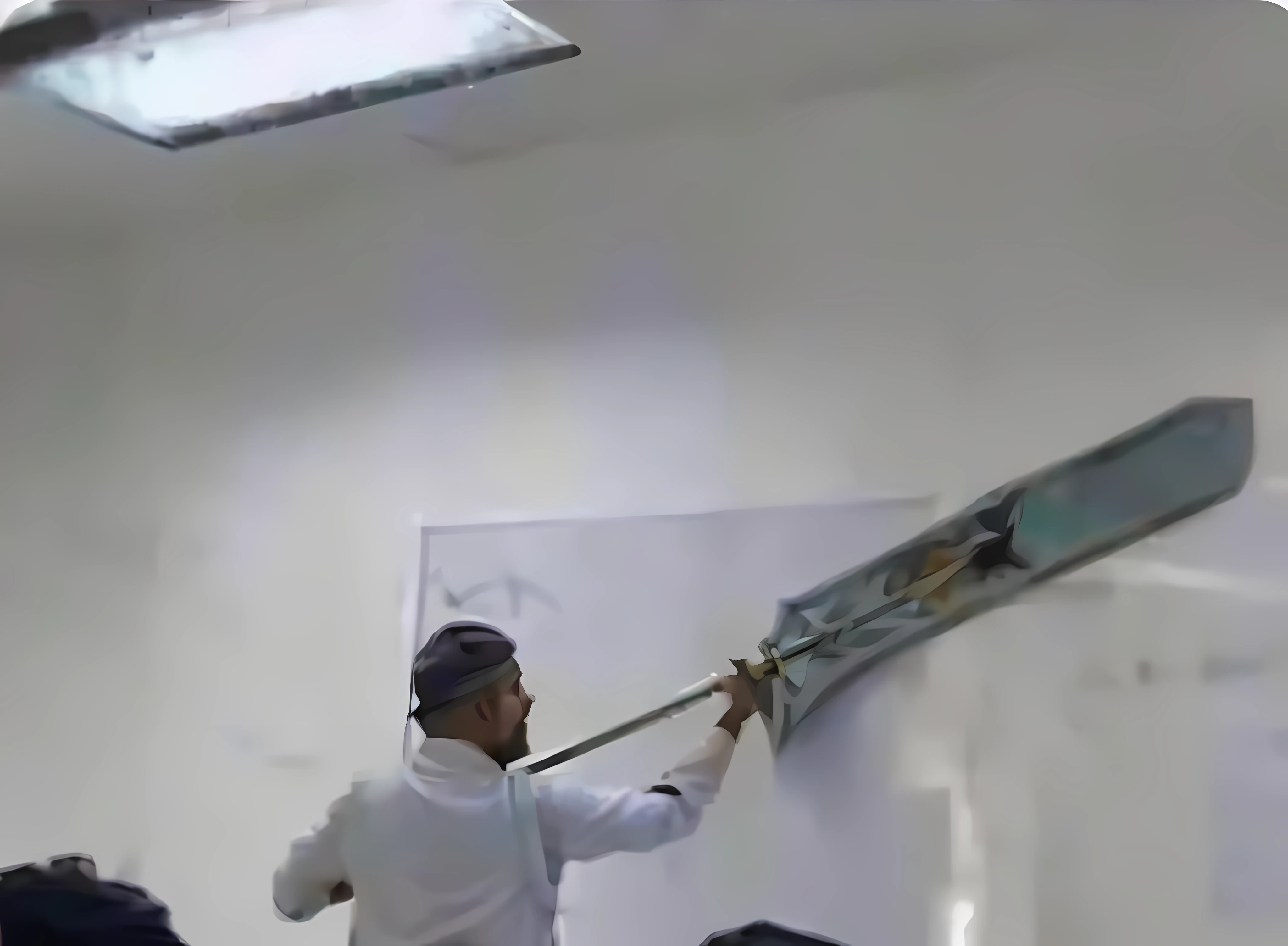 there is a man standing in front of a white board, majestic sweeping action, sweeping the floor, video still, Huge sword, Wield a big sword, Wielding a crowbar, holding enormous sword, YouTube video screenshots, hanging from the ceiling, holding a giant weapon, white board, art work, surface painter, Holding a giant sword, Huge scythe, huge oversized sword