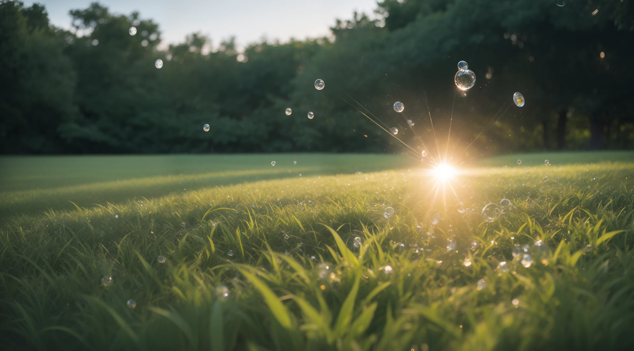 Multiple water droplets on the surface of the leaves, Thick morning fog, Shots from very close distances, Cinematic lighting, Photorealistic, one-point perspective, 32K, diffuse reflection, colorful shiny particles, Lens Flare, sharp reflection light