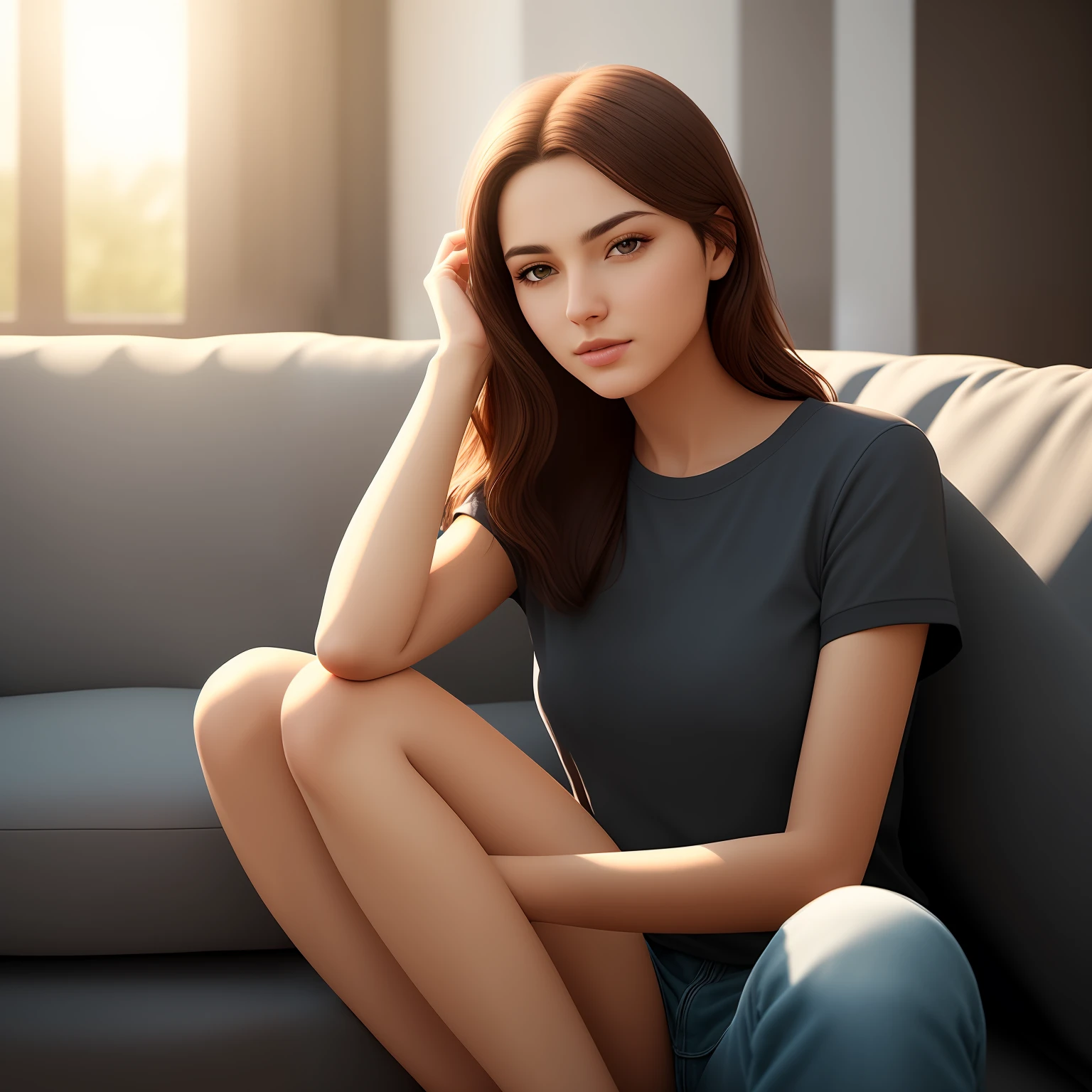 HD realistic person sitting on sofa with sunlight shining on the face